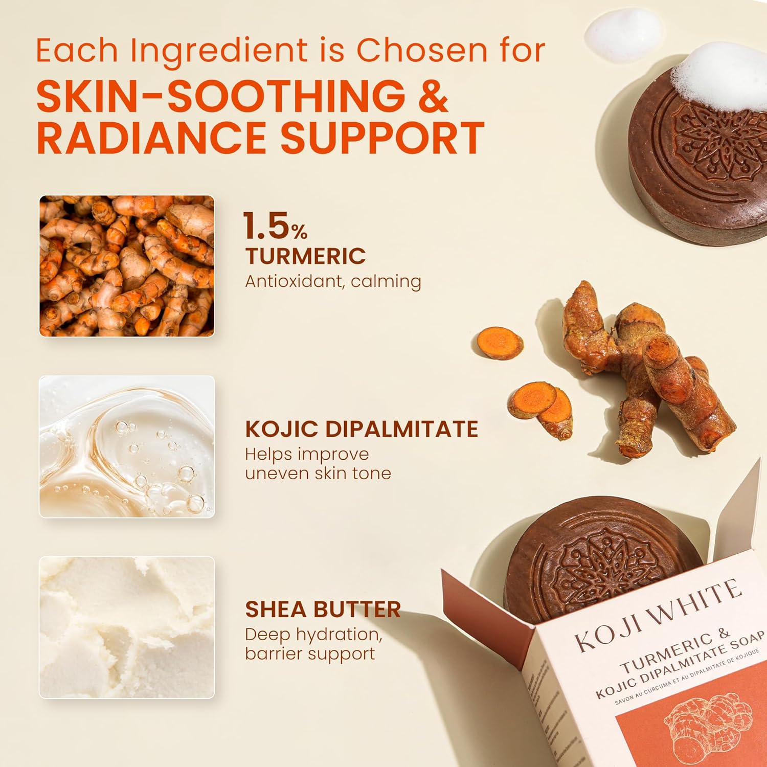 Koji White Turmeric Kojic Acid Soap, Unscented Soap for Sensitive Skin, Uneven Skin Tone, Smooth Skin for Face & Body-Acne with Shea Butter - Vegan, Fragrance-Free, Hypoallergenic, 2.82 oz (2 Bars) - Image 3