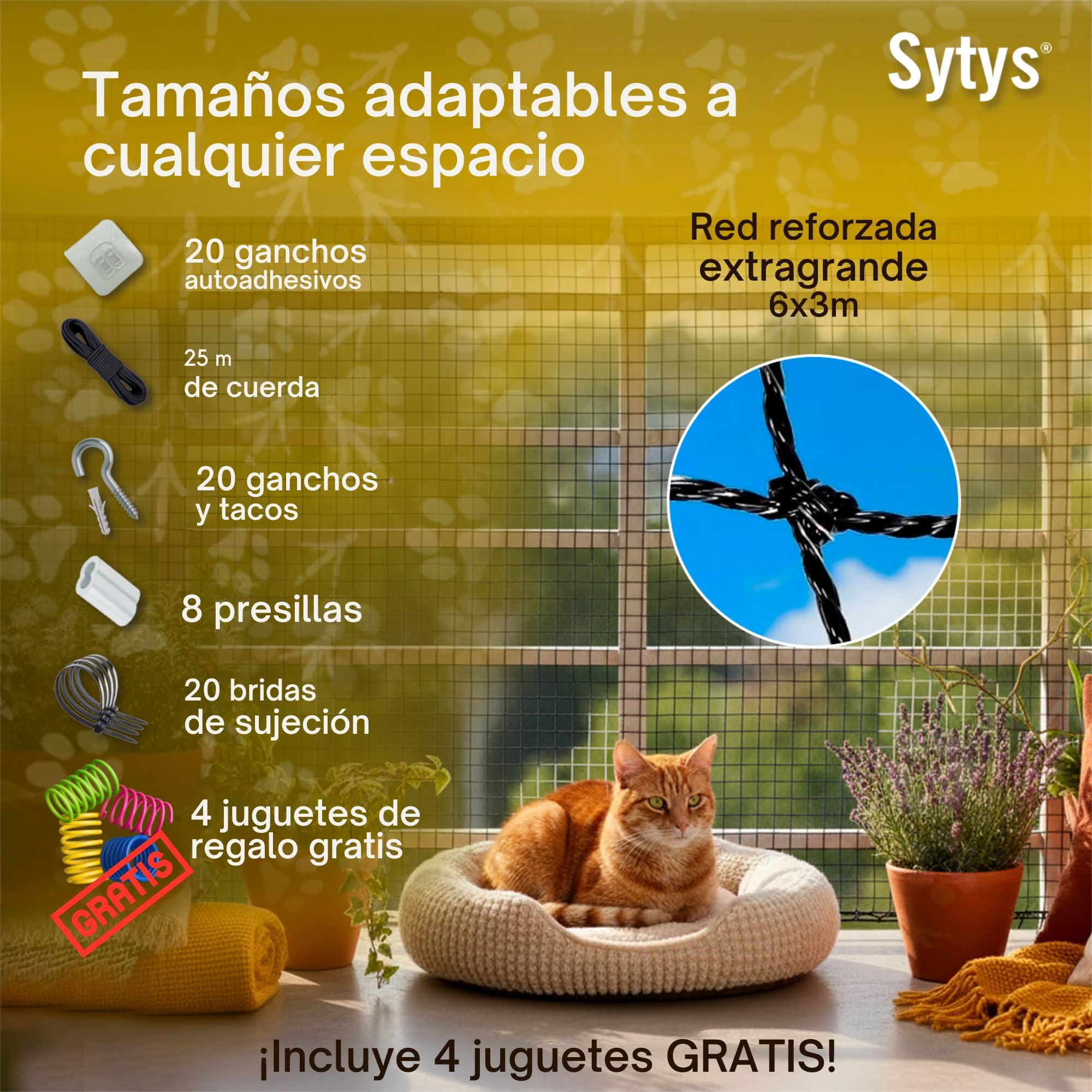 Red para Gatos Terraza Reforzada con Acero de 6 x 3 m SIN Taladro + Kit de Instalación Incluido + 4 Juguetes Interactivos de Regalo | Fija o CORREDERA | Redes para Gatos para Balcon y Ventanas