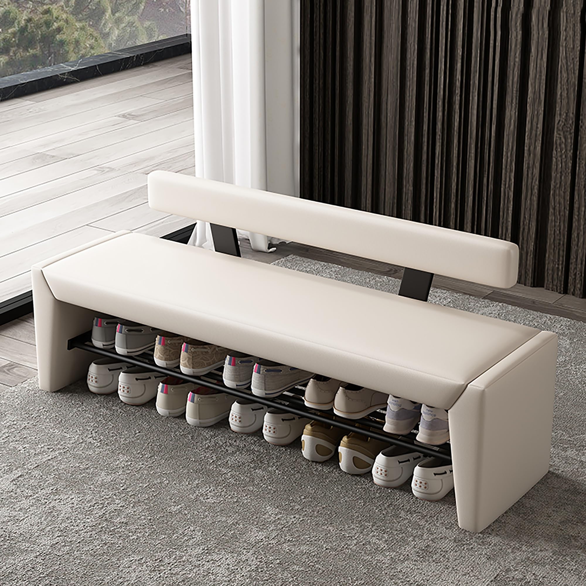 Eingangsbank mit Schuhregal-Organizer – Industrielle Schuhregalbank mit Kissen, Aufbewahrungsbank am Bettende, Eingangsbank aus Holz und Metall für Flur, Schlafzimmer, Wohnzimmer – Sitzbank(Wit,120x40