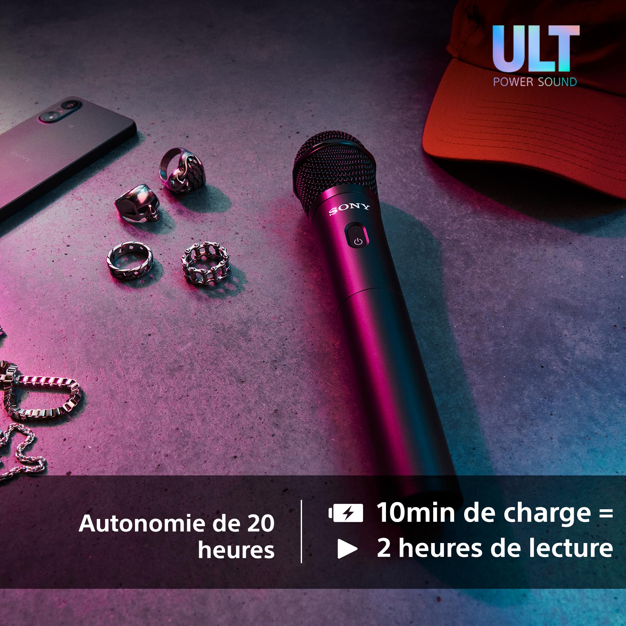 Sony ULTMIC1 - Pack de 2 Microphones sans Fil et récepteur, réduction de Bruit avancée, Duet Assist, Batterie de 20h, résistant aux Chocs, Parfait avec Les Enceintes festives ULT Power Sound - Noir