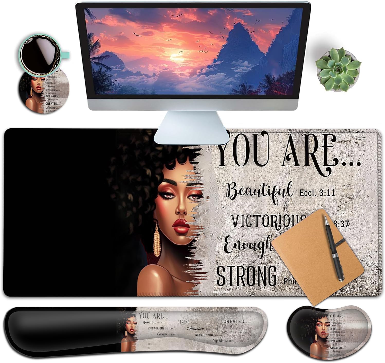 Large Gaming Mouse Pad+ Keyboard Wrist Rest Set, Ergonomics Memory Foam Mouse Mat Wrist Rest Support, Waterproof Extended Mousepad 31.5x11.8in, African American Women Black Girl Black Desk Pad