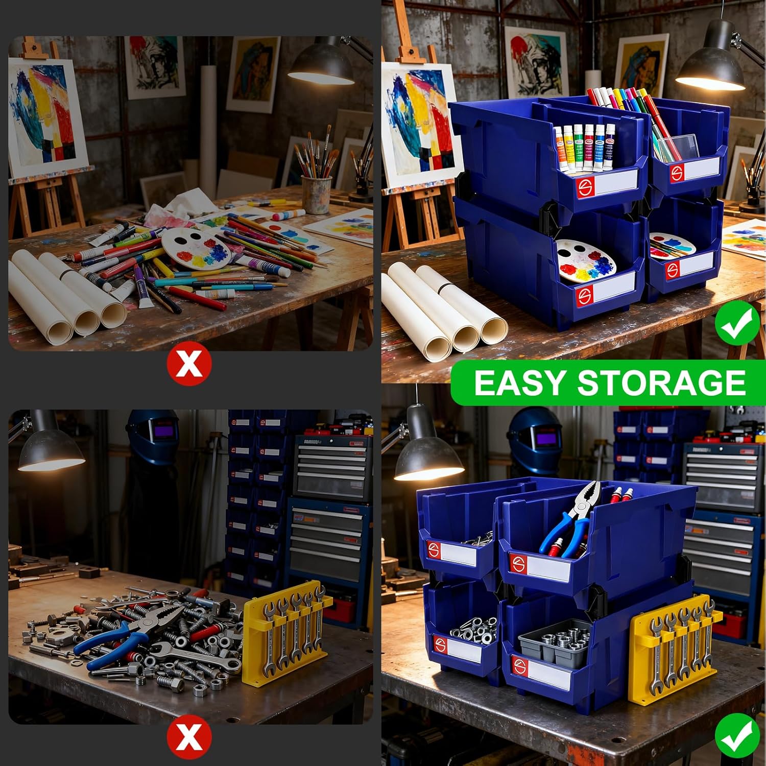 4Pack Storage Organizer Boxes,Desk Drawer Organizer, Stackable Storage Bins for Store Tools,Office Supplies,Workshop,Containers Garage(14.84" x 8.39"x 7.01"), Blue