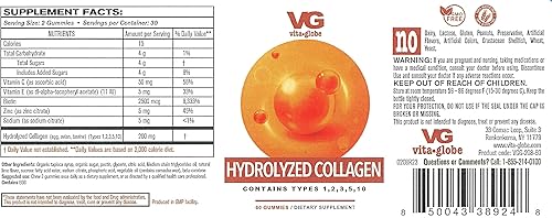 Miniatura 3 de VITA GLOBE Gomitas de colágeno  200 mg de colágeno hidrolizado tipos I, II, III, V y X  Apoya el cabello, la piel, las uñas, las articulaciones y