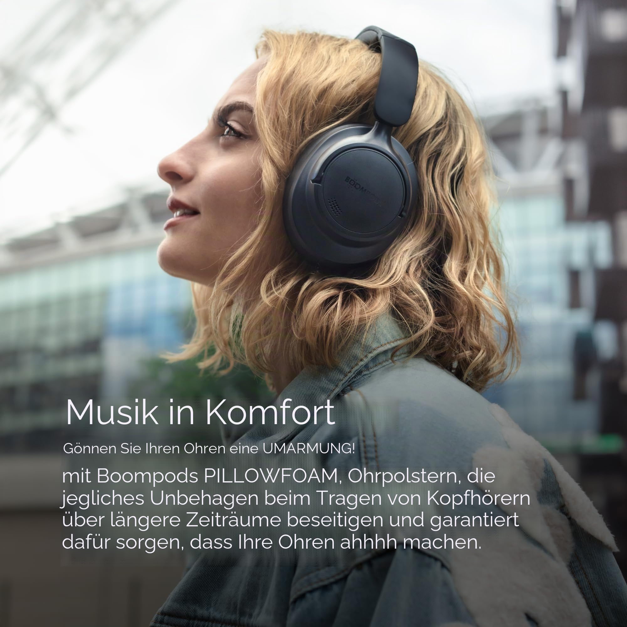 Boompods Headpods ANC+ Geräuschunterdrückende Kopfhörer - Over-Ear Bluetooth Kopfhörer mit Mikrofon, 55+ Std. Spielzeit und Pillowfoam-Polster, Faltbarer Over-Ear Headset und Reisetasche, Schwarz