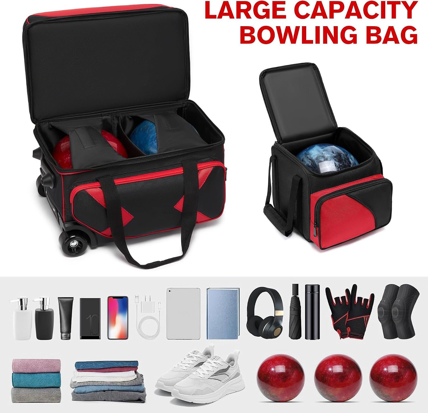 2+1 Ball Bowling Roller Bag Separate Shoe Compartment, 3 Ball Bowling Bag with Wheels,Trolley Double Ball Bowling Add Single Ball Tote Bag Fits Men & Women