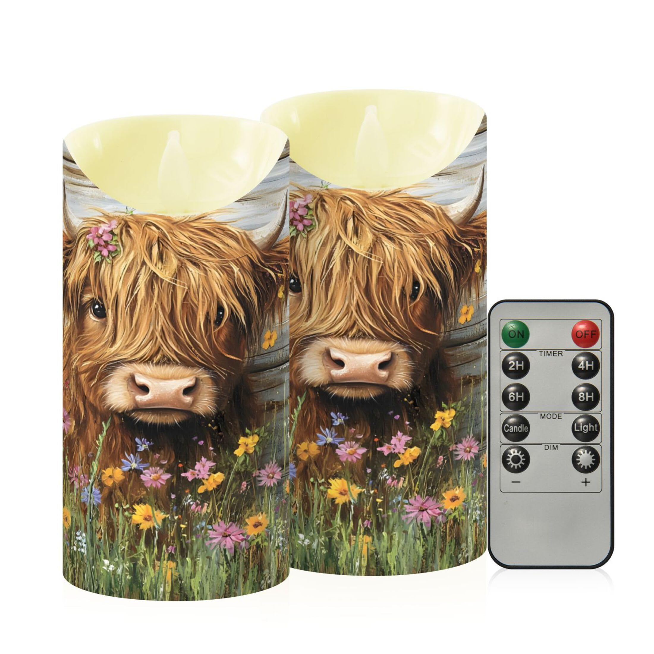 Sevdomey Cute Highland Cow Flameless Candles with Remote Control, Realistic Flame Candles, 24H Timer Battery Operated LED Battery Candles for Home Decor