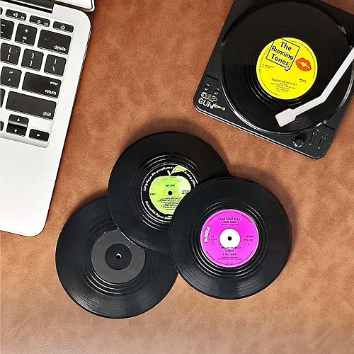 Miniatura 2 de Divertidos posavasos de vinilo retro, juego de 6 posavasos creativos con soporte para reproductor de vinilo para amantes de la música, regalos para