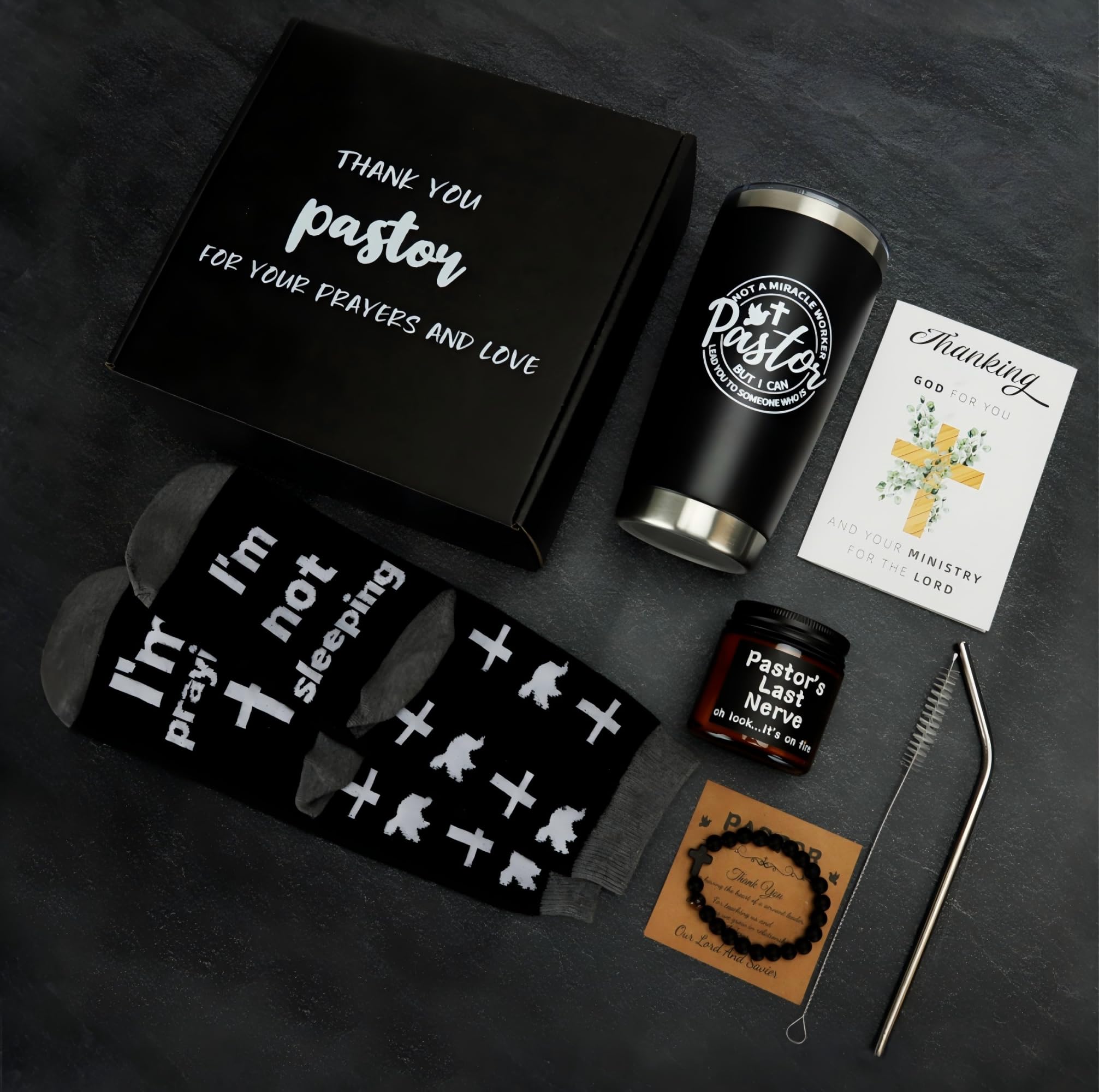 Splandiant Pastor Appreciation Gifts, 6 Pcs Christian Gifts for Pastor - 20oz Tumbler, Lavender Candle, Cotton Socks, Cross Bracelet & Thank You Card - Religious Gift for Man of God, Priest, Minister