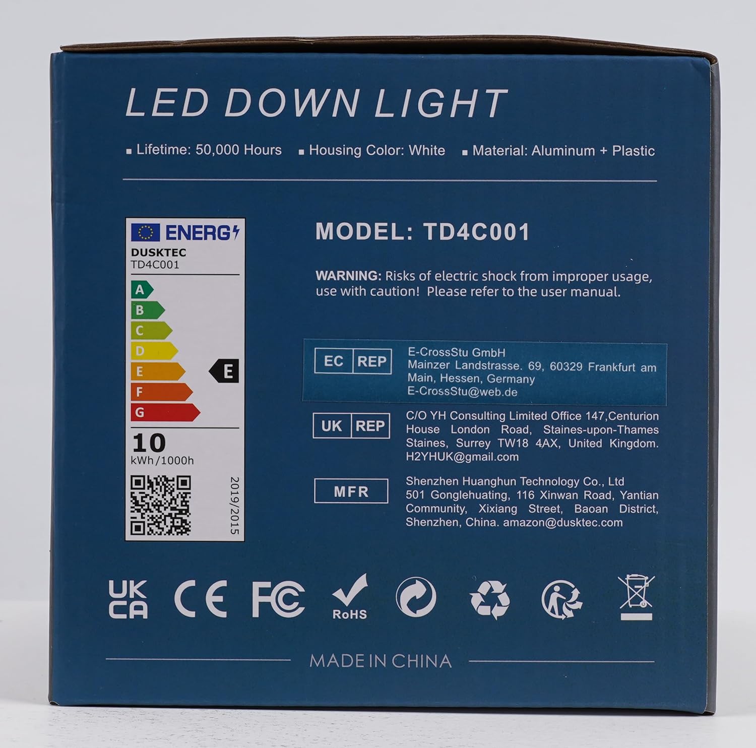Back of DUSKTEC LED Downlight packaging with safety warnings and model number