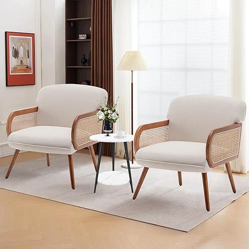 Miniatura 5 de Juego de 2 sillas decorativas modernas, sofá con reposabrazos de ratán natural y patas de madera maciza, silla de lectura tapizada, cómoda silla de