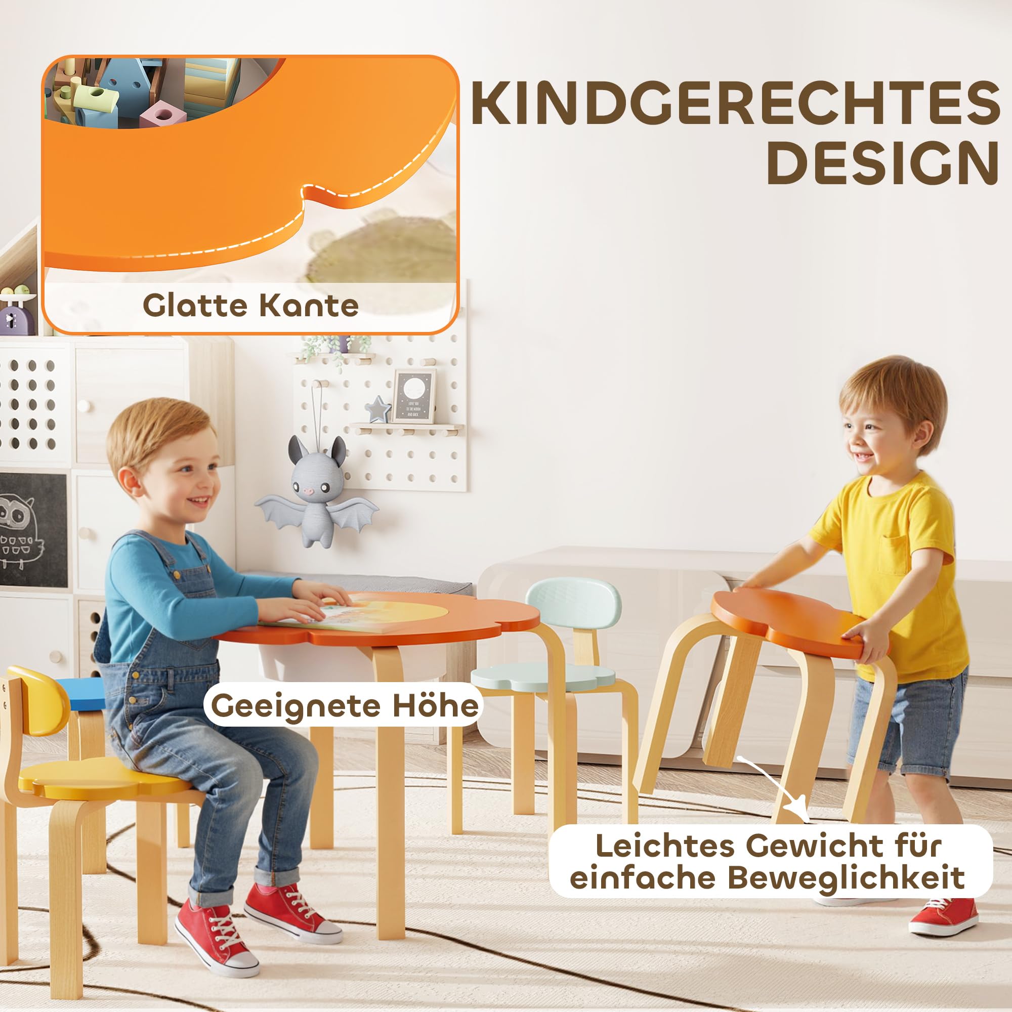 AIYAPLAY Kindersitzgruppe Kindertisch mit Stauraum 5-Teilig Holz Bunt