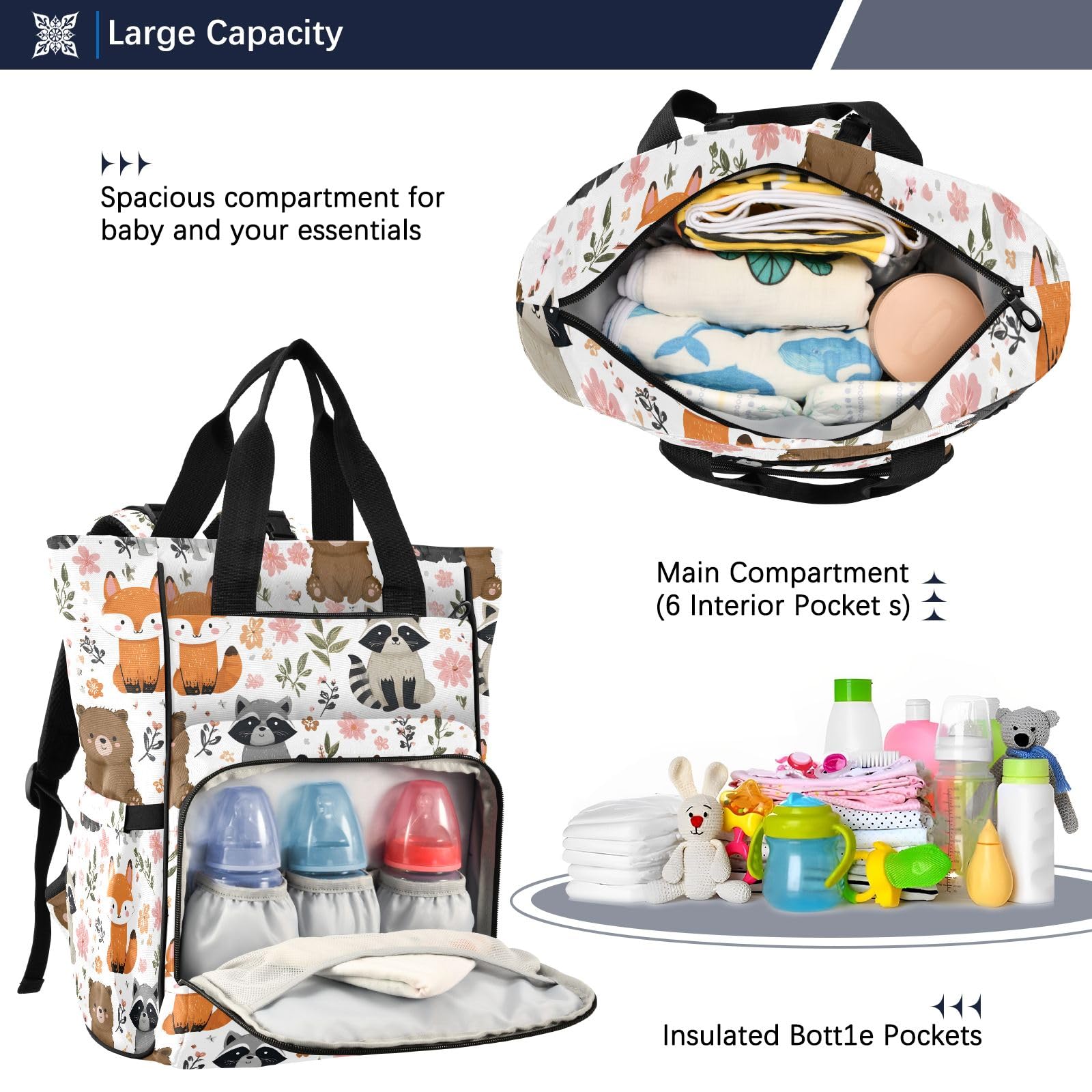 Mnsruu Borsa per pannolini per bambini con motivo animale carino zaino grande borsa impermeabile da viaggio borse per pannolini per mamme e papà