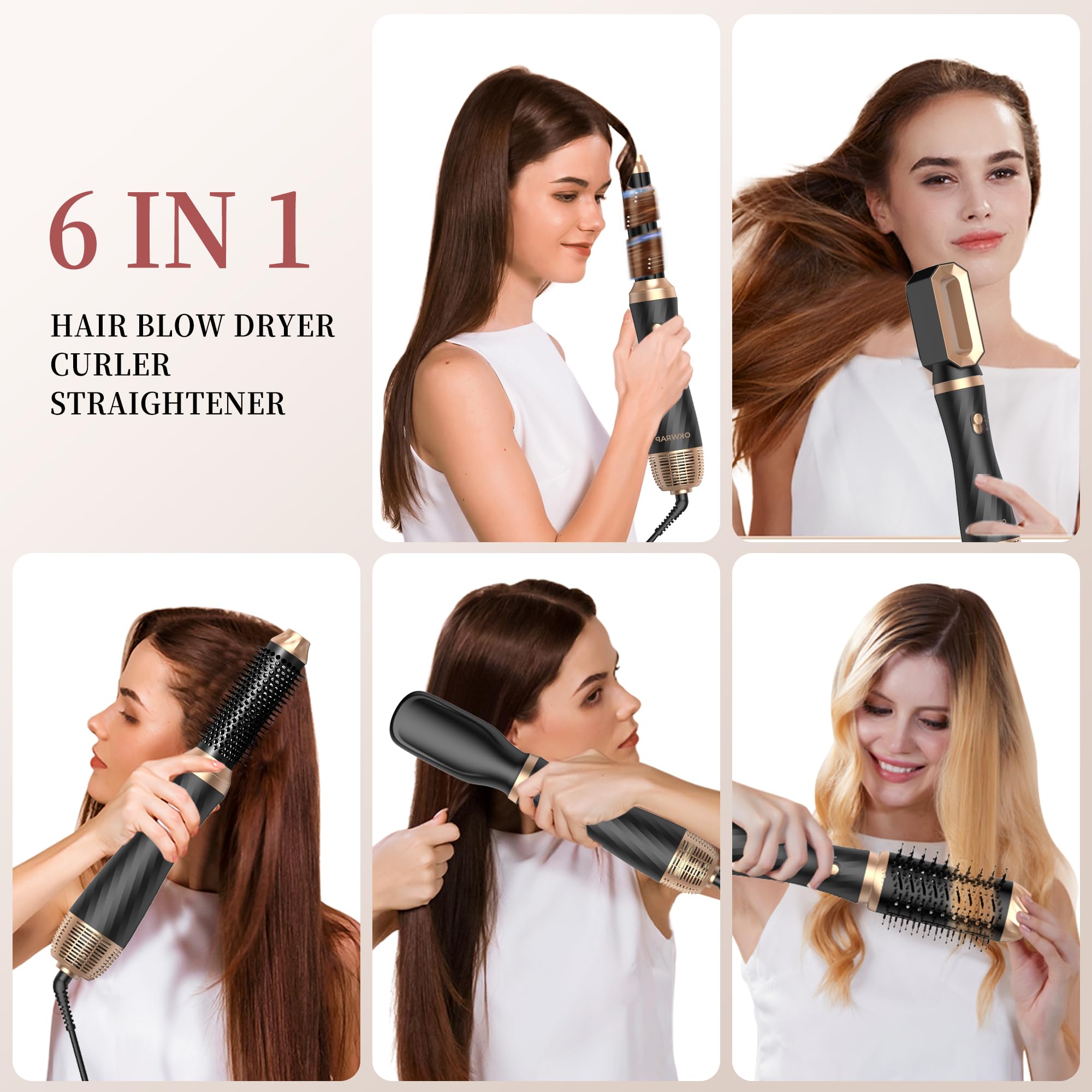 Airbrush 6 en 1OKWRAP Air Styler 6 en 1 Sèche-Cheveux, Brosse Soufflante Hair Styler Avec 6 Accessoires, Seche Cheveux, Fer a Boucler, Brosse Soufflante, Pour Sécher, Lisser
