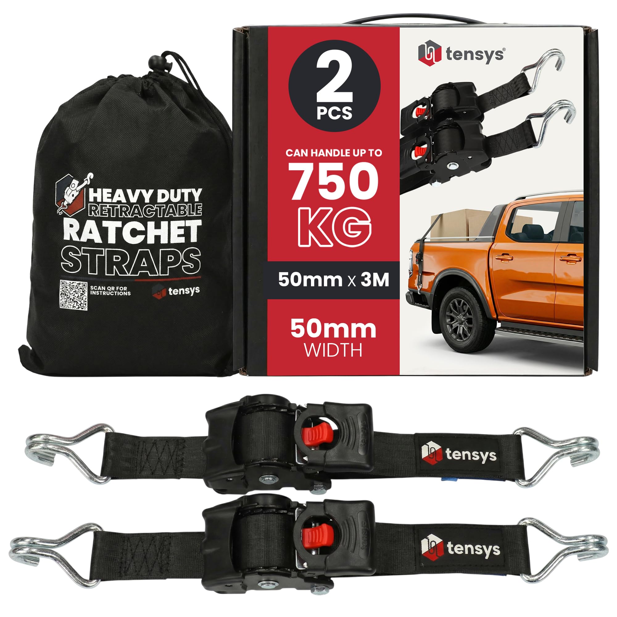 TENSYS Auto Retractable Ratchet Tie Down Straps Set – Heavy Duty Self Retracting Rachet Strap with Hooks for Cargo Luggage Motorcycle Furniture Roof Rack Accessories Rope Cord Black, 2 Pack, 50mmx3m
