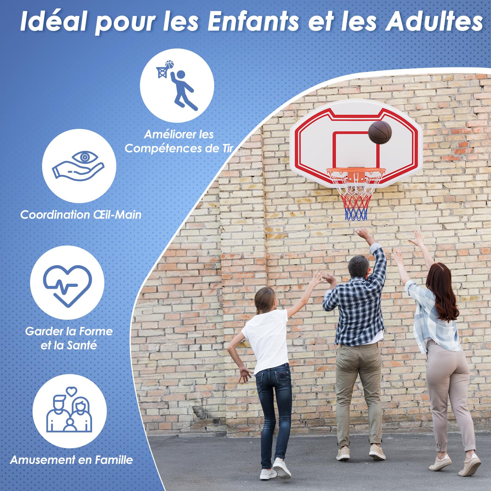 COSTWAY Panier de Basket Mural 45 cm avec Panneau Incassable, Panier Basket-Ball avec Filet Anti-Déchirure pour Adolescents Adultes Intérieur/Extérieur, 91 x 61 cm, Blanc+Rouge