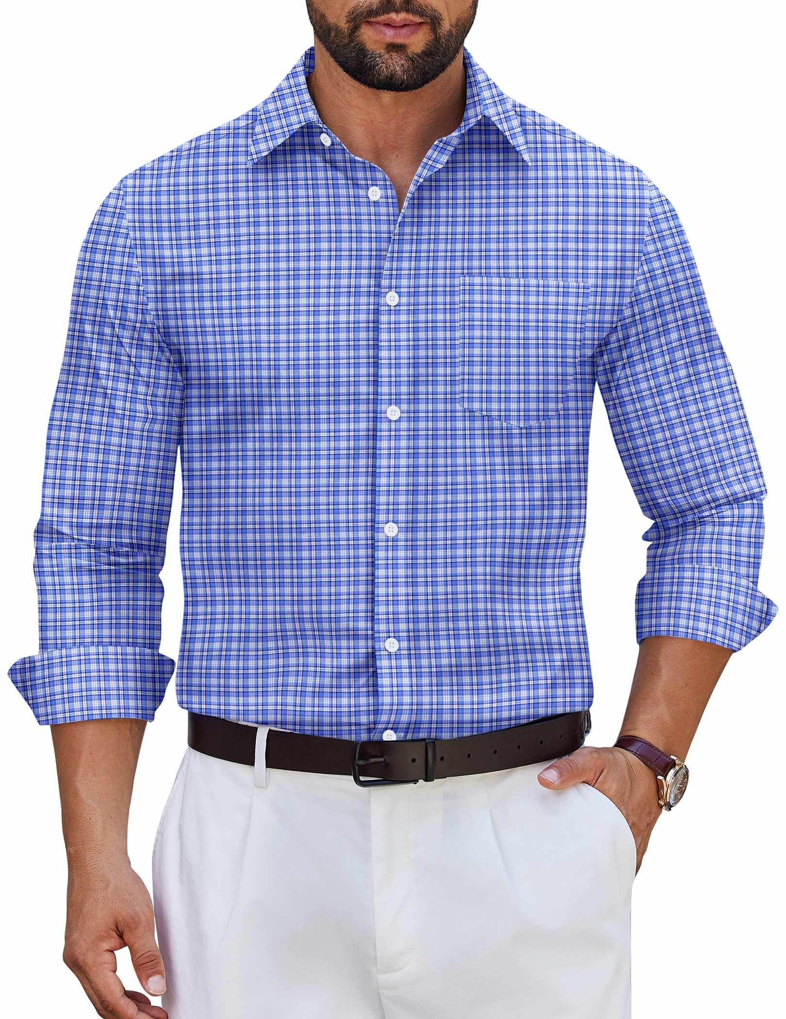 COOFANDY Mens Long Sleeve Plaid Button Down Cotton Wrinkle Free Dress Shirt