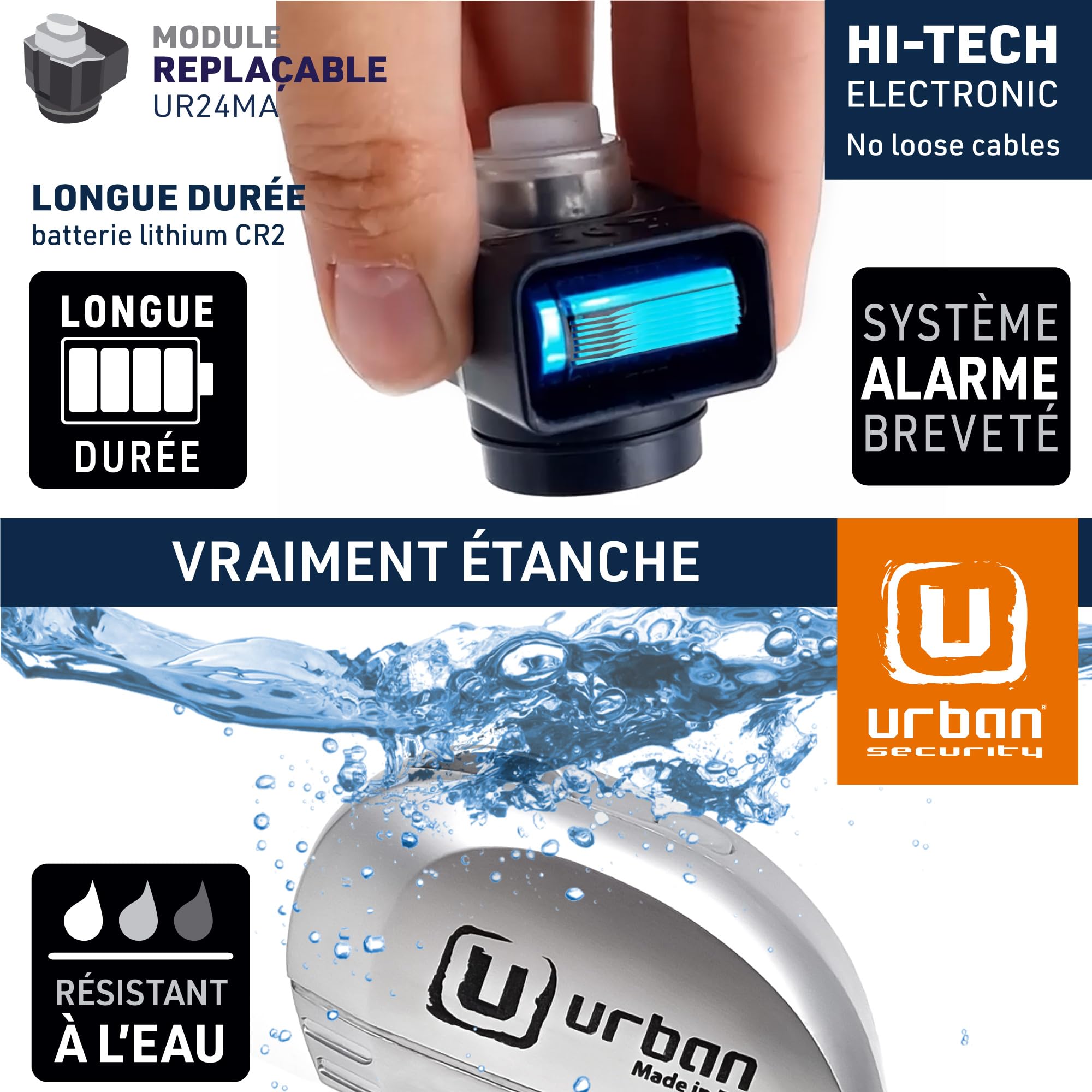 URBAN UR22 Antivol Bloque Disque avec Alarme + Avertissement 120dBA, 6 mm, fabriqué dans l'UE, Universel pour Vélo, Moto, Scooter, Acier INOX, métallique