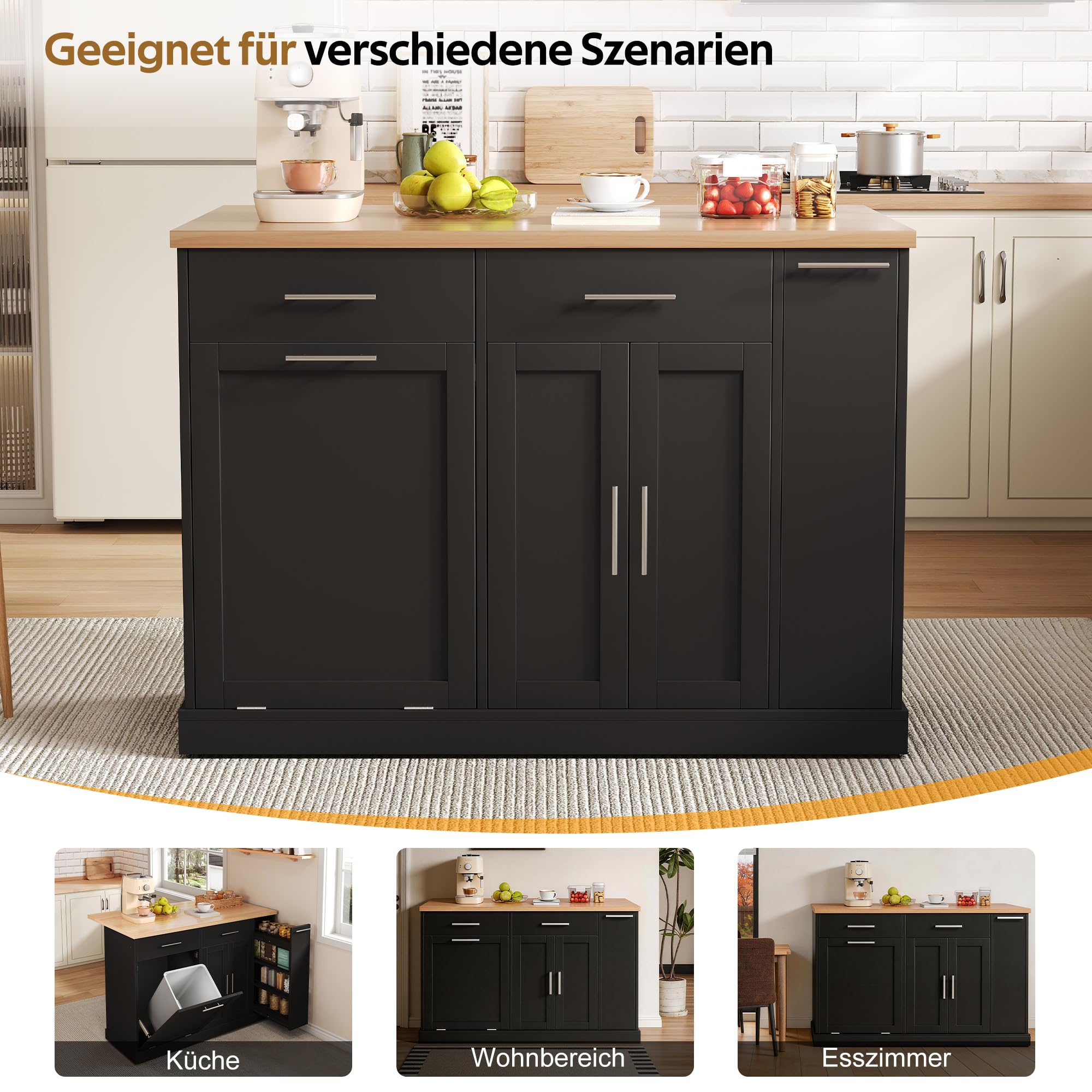 Merax Kücheninsel auf Rollen mit klappbarer Arbeitsplatte,Küchenwagen mit verstecktem Müllschrank,4-stufigem Gewürzregal,2 Schubladen,feststellbaren Rollen,Mobile Kücheninsel120x45(70) x93 cm/Schwarz