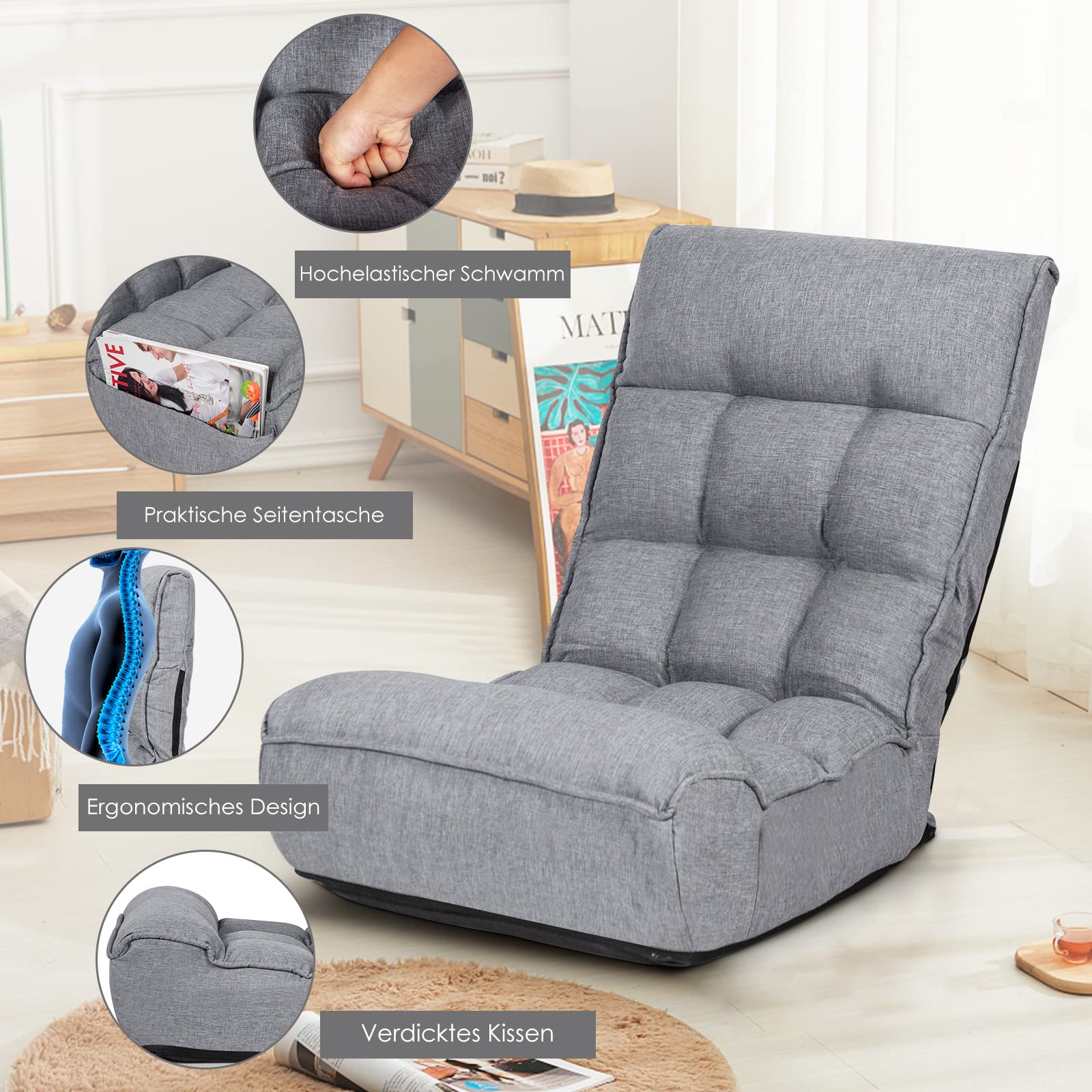 COSTWAY 4-stopniowo regulowane krzesło podłogowe, wyściełana sofa podłogowa z 5-stopniową regulacją zagłówka i kieszenią boczną, ergonomiczne krzesło składane, fotel podłogowy do 140 kg (szary)