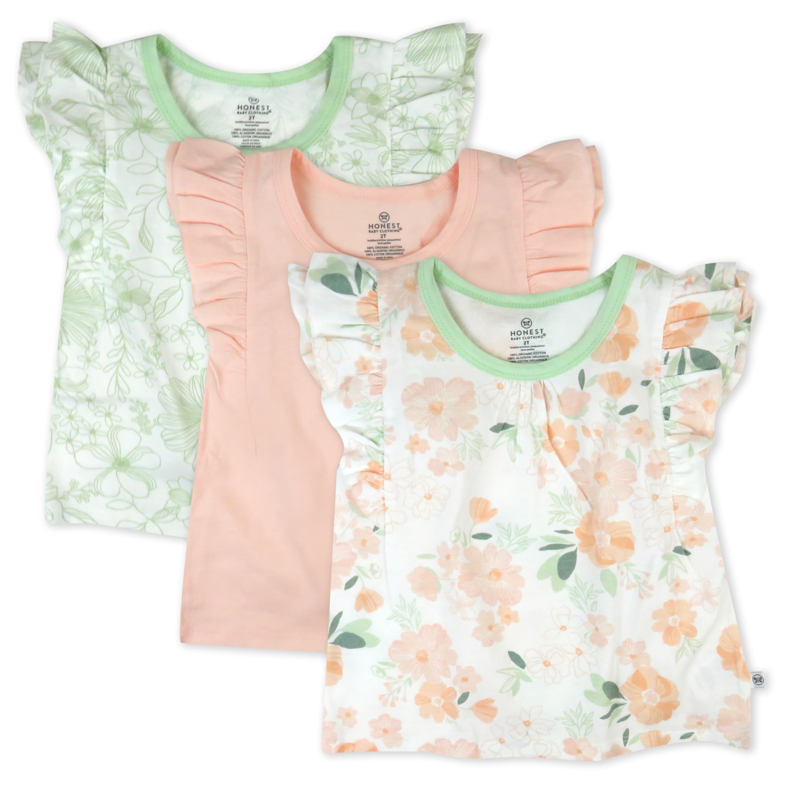 HonestBaby Baby-Girls - Paquete de 3 camisetas sin mangas con volantes, 100% algodón orgánico para bebés y niñas