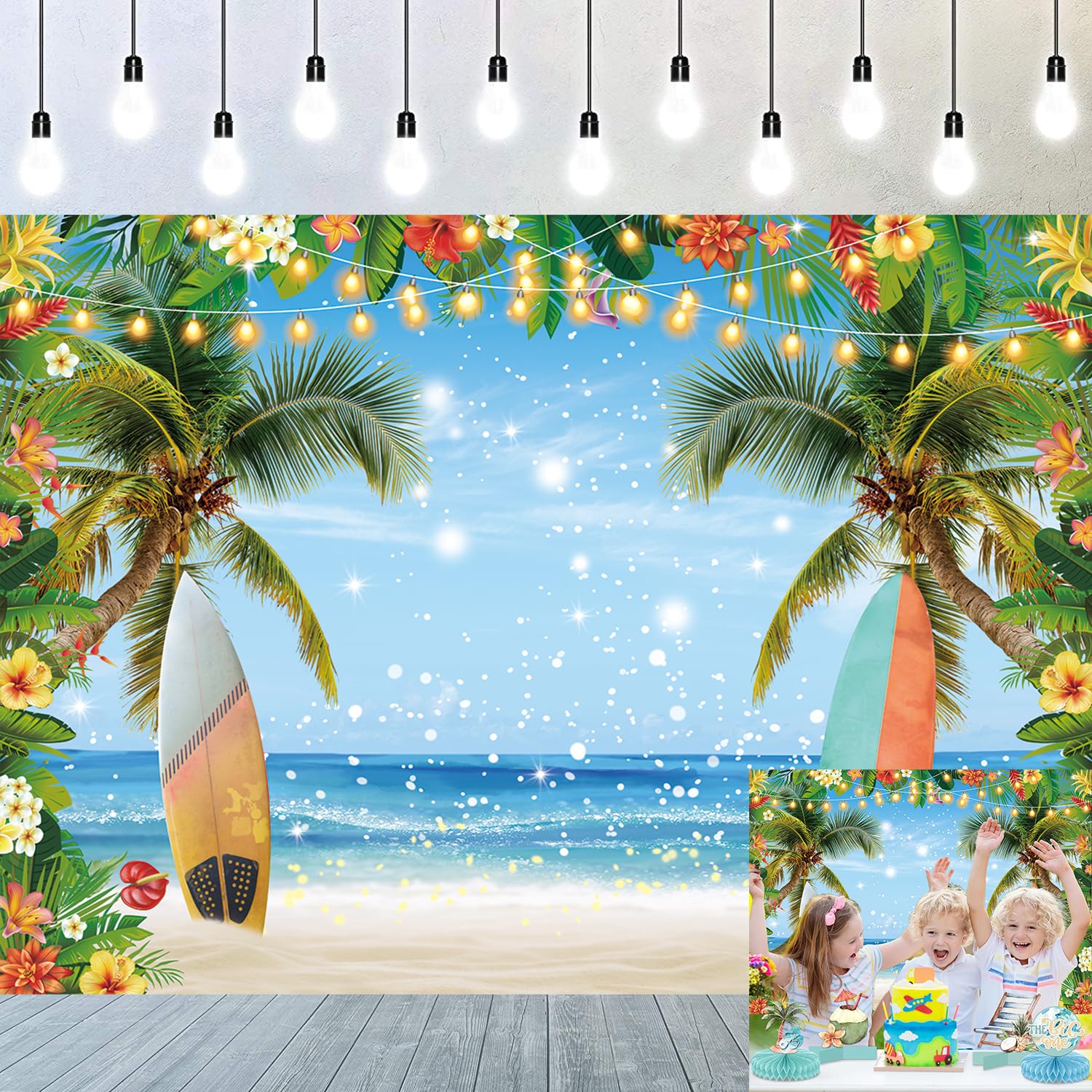 Summer Hawaiian Beach Photography Backdrop Tropical Flower Palm Tree Surfboard Glitter Beach Background Aldult Kids Holiday Birthday Aloha Luau Party