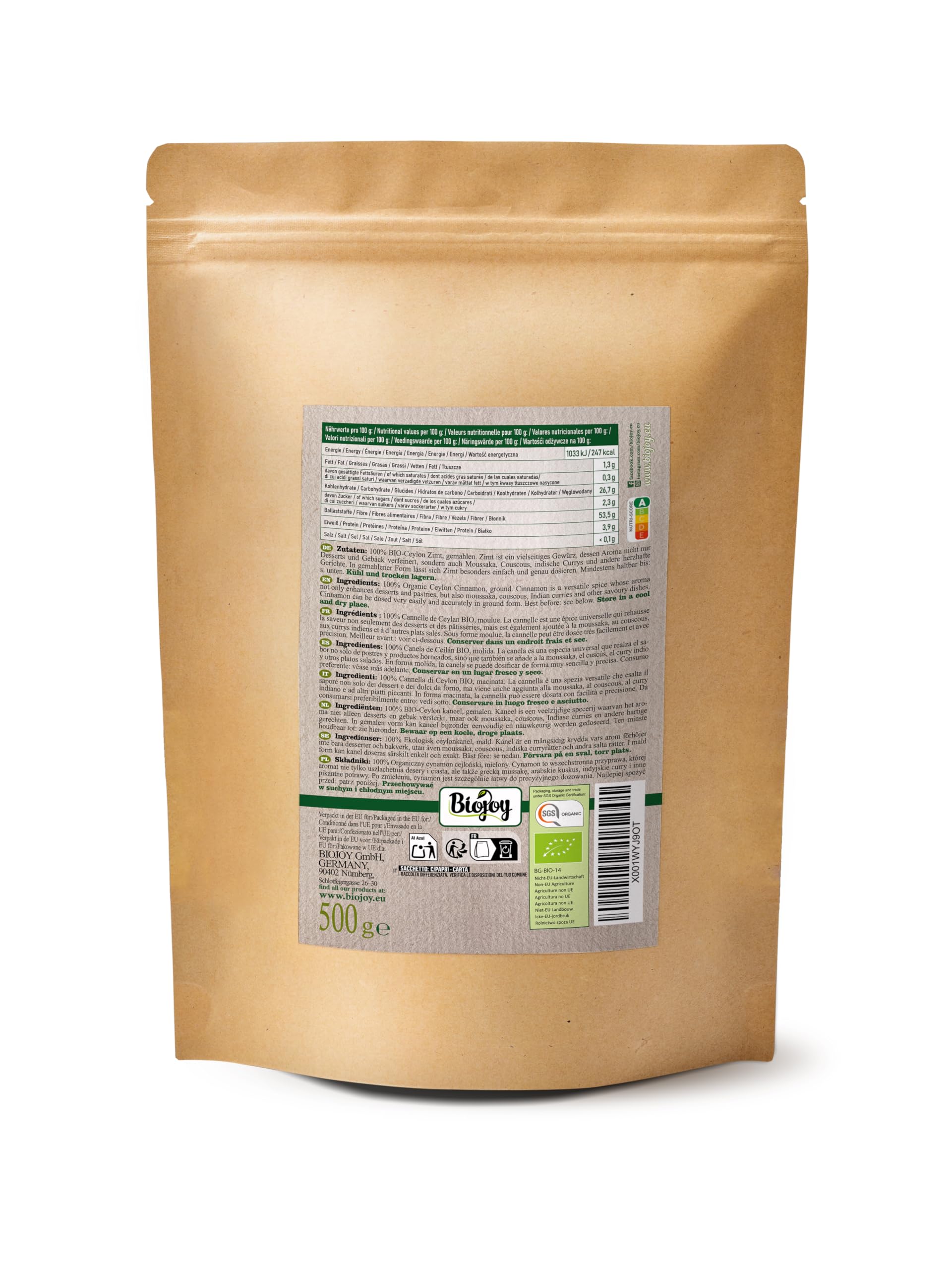 Biojoy Cynamon cejloński BIO mielony, prawdziwy proszek ze Sri Lanki, 500 g | Idealna do posypywania lub pieczenia, Cinnamomum verum L.