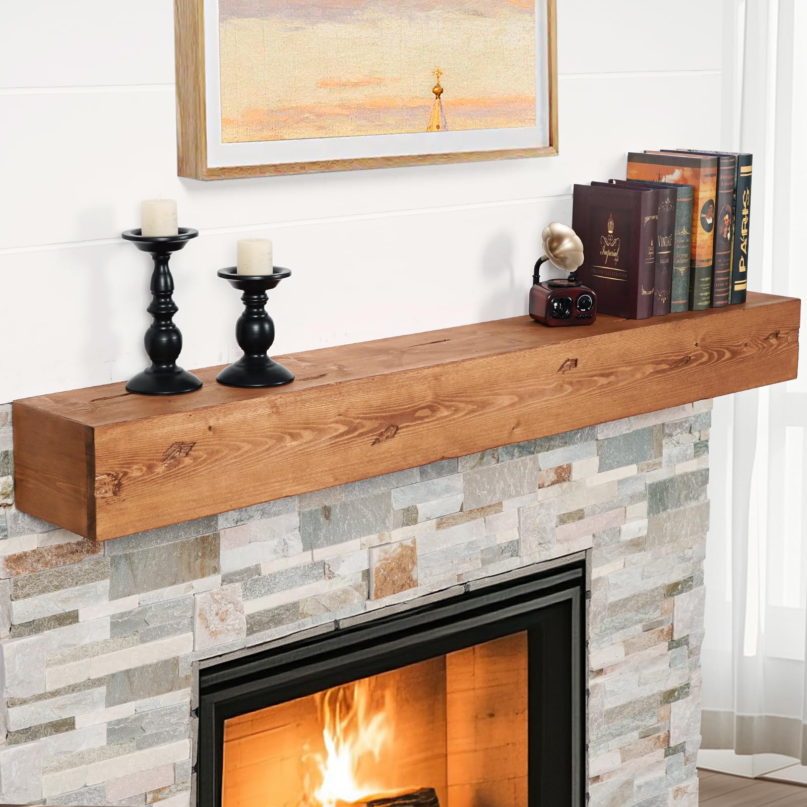 G GOOD GAIN Fireplace Mantel 60inch - Handmade Distressed Floating Mantel Shelf | Farmhouse Rustic Solid Wood Mantles for Over Fireplace Livingroom Wall Decor, Wall-Mounted (60Lx6Hx8D, Rustic)