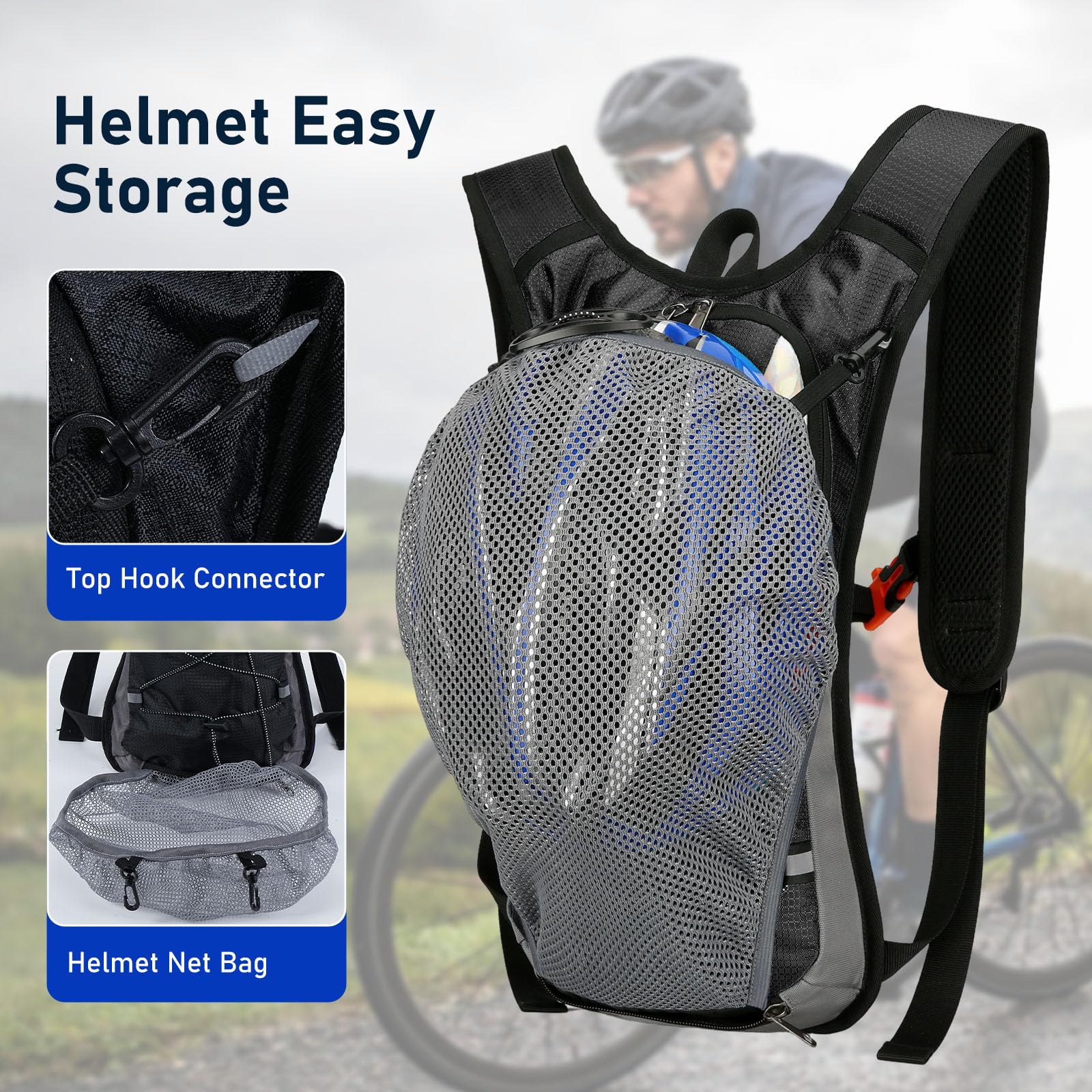 Mochila de Hidratación con Bolsa de Agua 2L, Mochila Hidrófugo para Running y Ciclismo MTB con Red para Casco y Tiras Reflectantes - Ligera Unisex para Trail, Senderismo, Maratón - 4