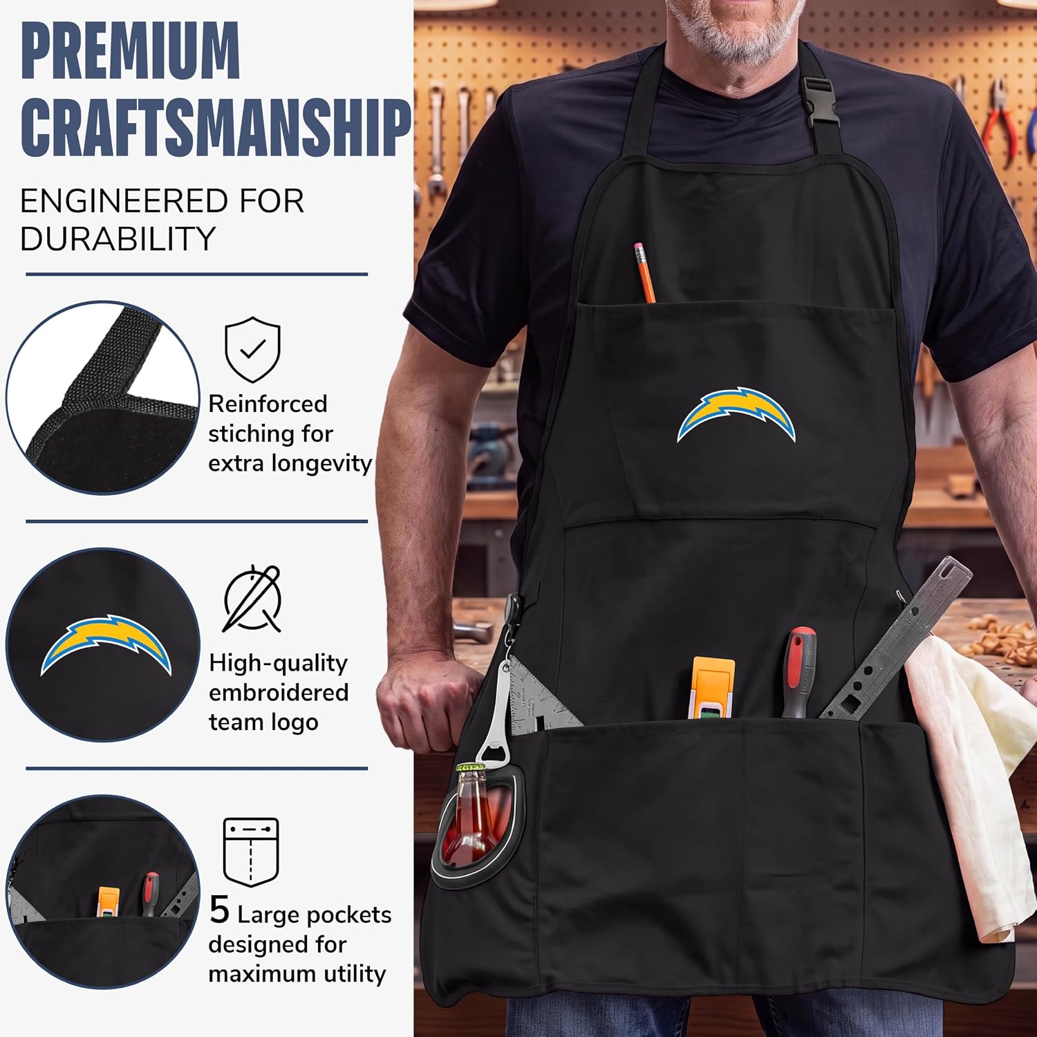 Team Sports America NFL Ultimate Grilling Apron with Bottle Opener and Insulated Beverage Holder, Adjustable Straps Men Women image 4