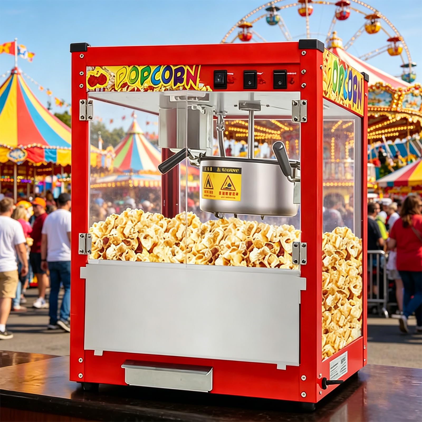Máquina Comercial de Palomitas de Maíz con Caldero de 10 Oz y Luz de Calentamiento, 1400W, para Hogar, Cine y Negocios, Estilo Cine con Control de 3 Interruptores Flat-top