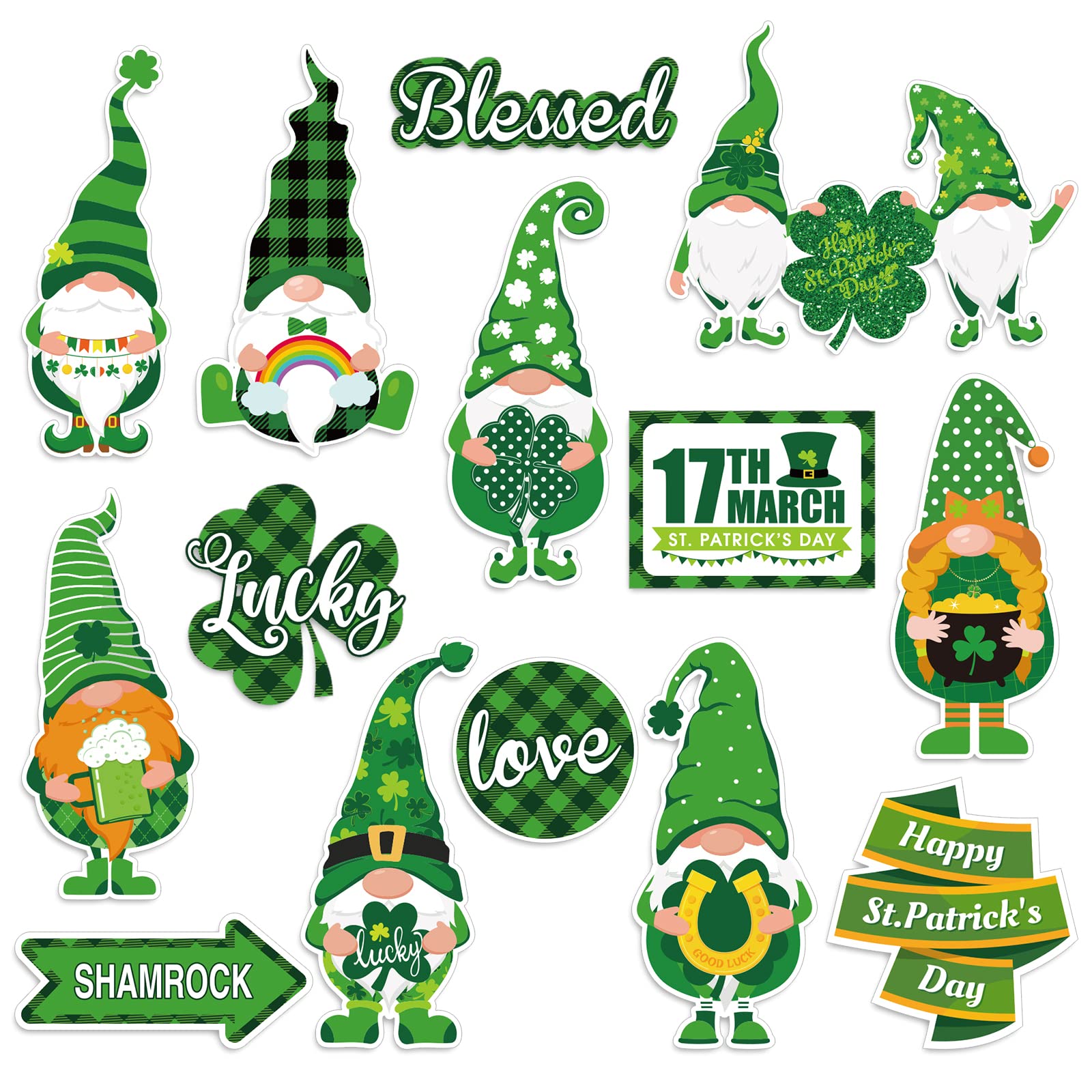 Whaline 14Pcs St. Patrick's Day Refrigerator Magnets Green Gnome Shamrock Plaid Pattern Fridge Magnets Lucky Clover Metal Magnetic Stickers for Irish Holiday Metal Door Garage Cabinet Mail Box