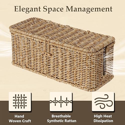 Miniatura 3 de BROWNLILY Caja de organización de cables, organizador de cables estilo ratán para cable de escritorio, fundas de salida para ocultar, a prueba de