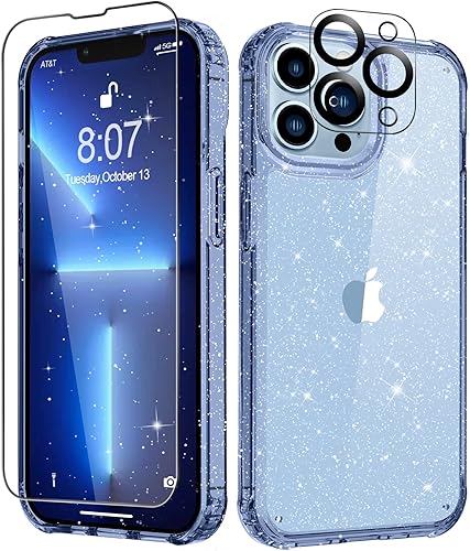 MIODIK Funda para iPhone 13 Pro con protector de pantalla + protector de lente de cámara, cristal transparente con purpurina para mujeres y niñas,