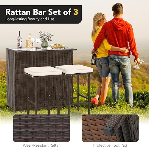 Miniatura 6 de Tangkula Juego de bar para patio, juego de 3 piezas de mimbre de ratán para exteriores con 2 cojines taburetes y mesa superior de cristal, juego