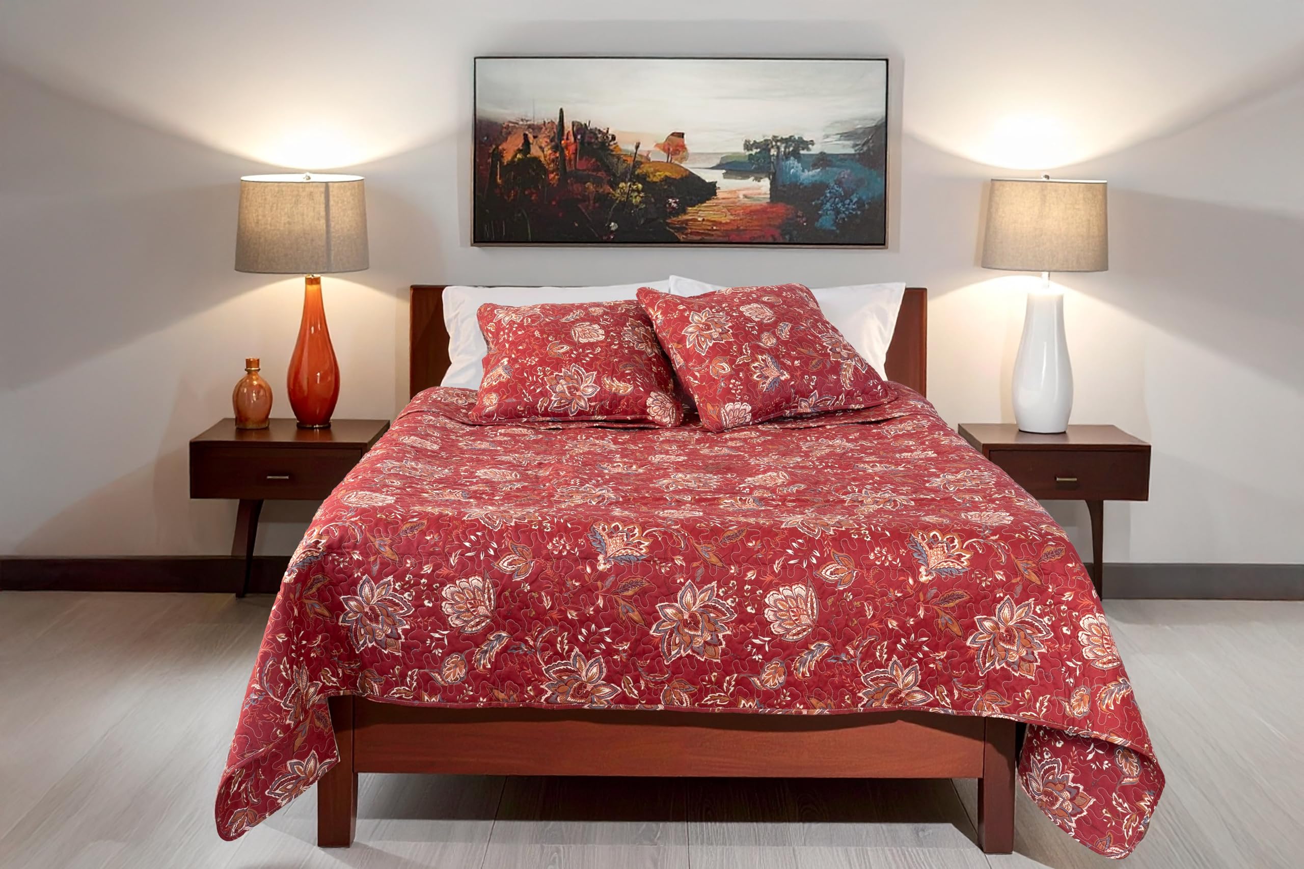 Boutis Patchwork Rouge Antibes - Dessus de lit 230x250 cm avec 2 Taies d'oreiller 65x65 cm, Matelassé 2 Personnes, Dessus de lit Motif Floral