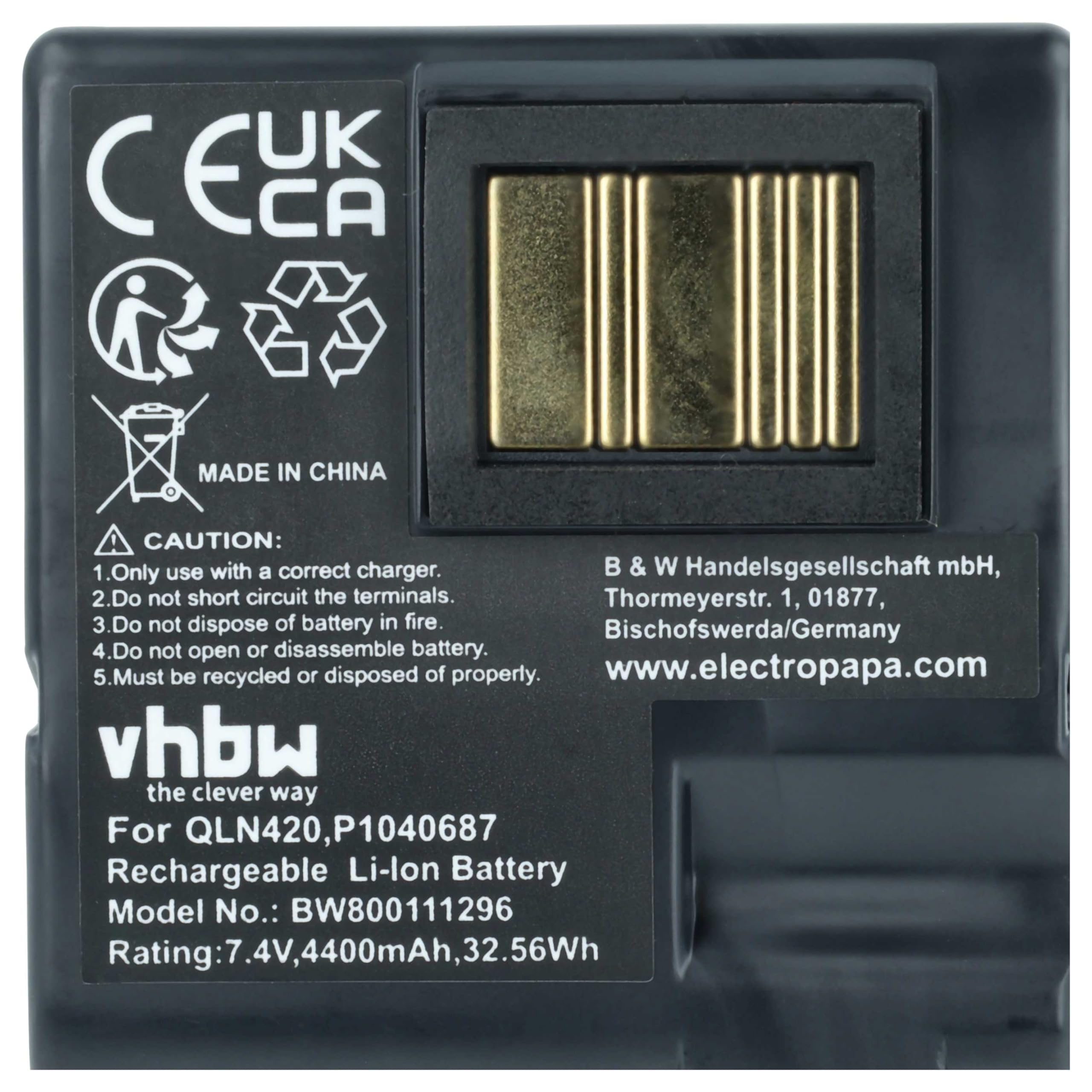 vhbw Akku kompatibel mit Zebra QLN420, ZQ630 Drucker Kopierer Scanner Etiketten-Drucker (4400 mAh, 7,4 V, Li-Ion)