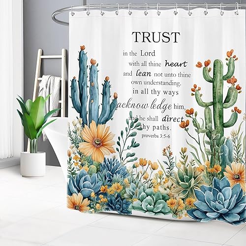 Vista 54 de LB Get Naked - Juego de cortinas de ducha de cactus con citas divertidas, plantas tropicales suculentas, verdes, acuarela, flores de cactus