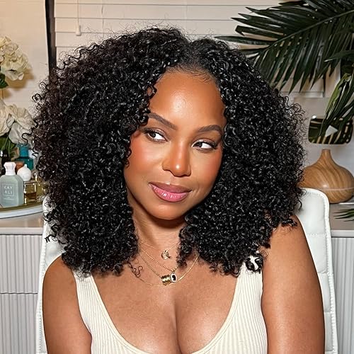 OQ Hair V Part Wig Human Hair Afro Curly Upgrade U Part With Adjustable Drawstring 180% Density V Shape Clip In Half Wig For Women Natural Color 18 Inch