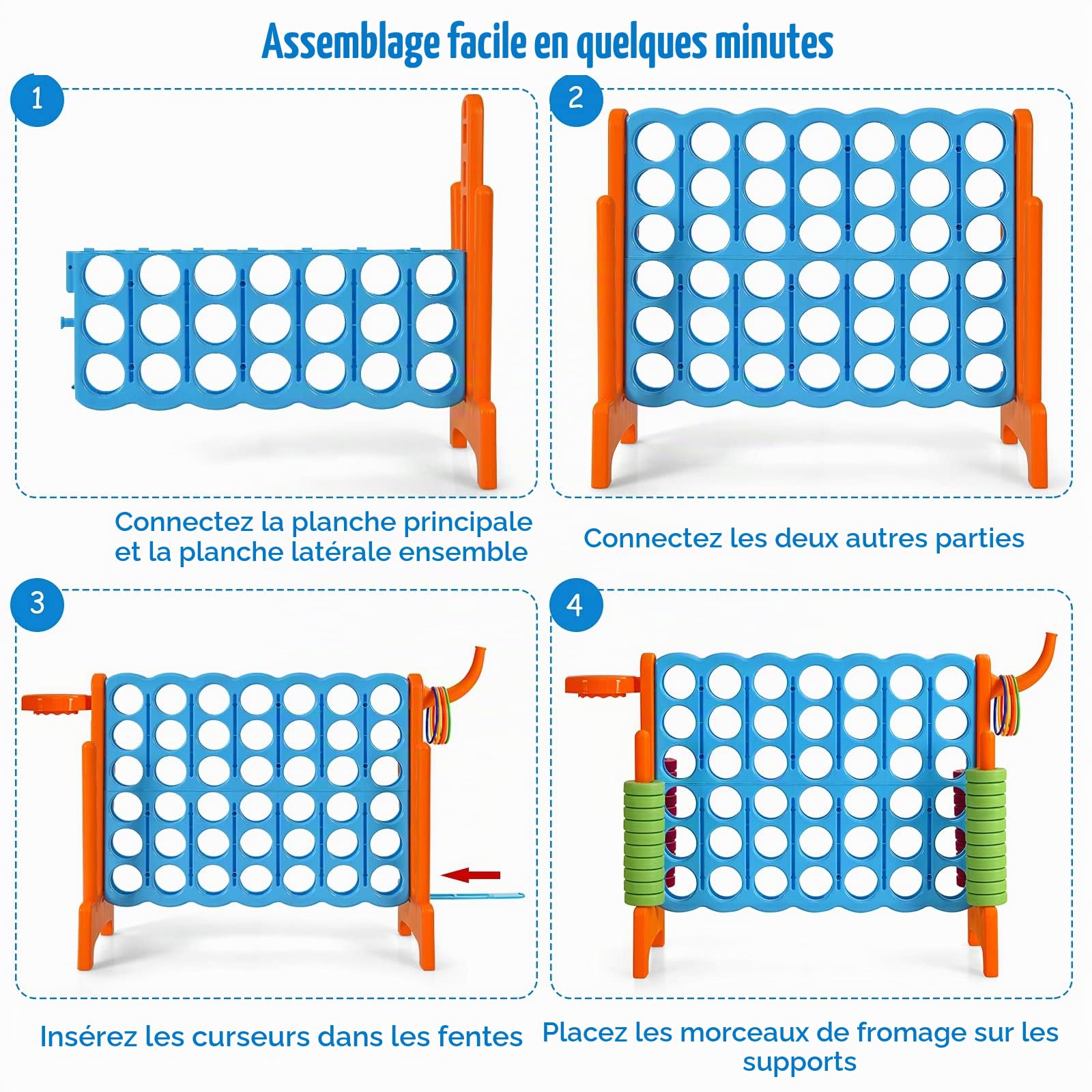 HOMASIS Jeu géant 4 Gagnants, Jeu 4 en 1 avec Panier de Basket & Lancer, Jeu de Stratégie avec 42 Anneaux, XXL Jeu de société Jouet pour Enfants & Adultes Extérieur (Orange)