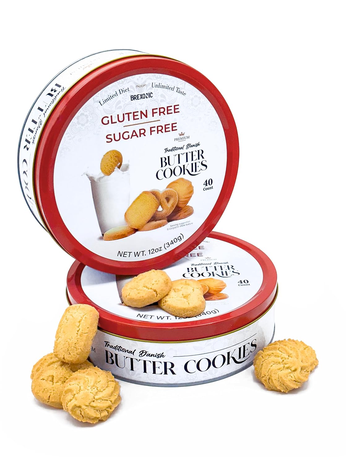 Gluten Free Sugar Free Butter Cookies Variety Tin 40 Count Traditional Danish Butter Cookies, No Preservatives No Coloring Premium Assorted Gluten Free Cookies for Diabetics (2 Pack)