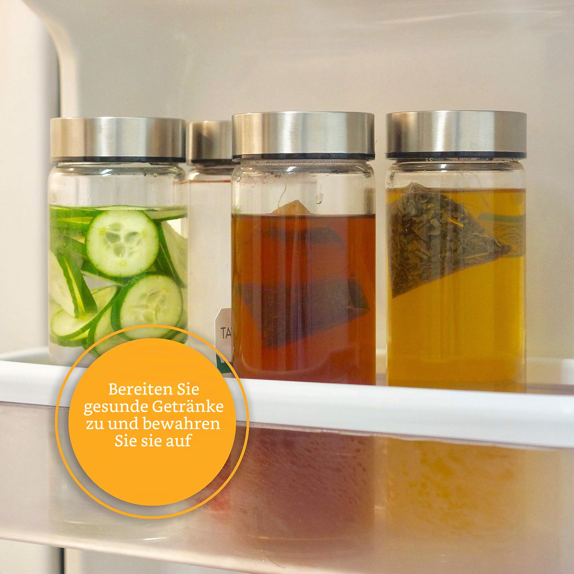 Saftflaschen – 4 Stück breite Öffnung Glasflaschen mit Deckel – zum Entsaften, Smoothies, infundiertes Wasser, Getränkeaufbewahrung – 473 ml, BPA-frei, Edelstahldeckel, wiederverwendbar, Borosilikat