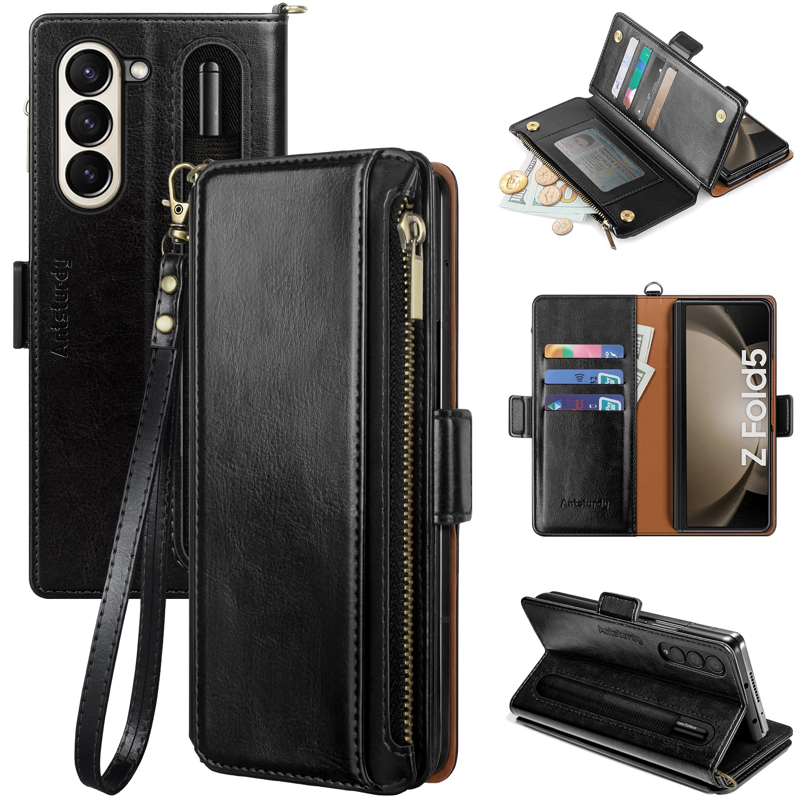 Antsturdy Compatible with Samsung Galaxy Z Fold 5 Case Wallet Women with【S Pen Holder】 Phone Case with Card Holder Strap PU Leather RFID Blocking Flip