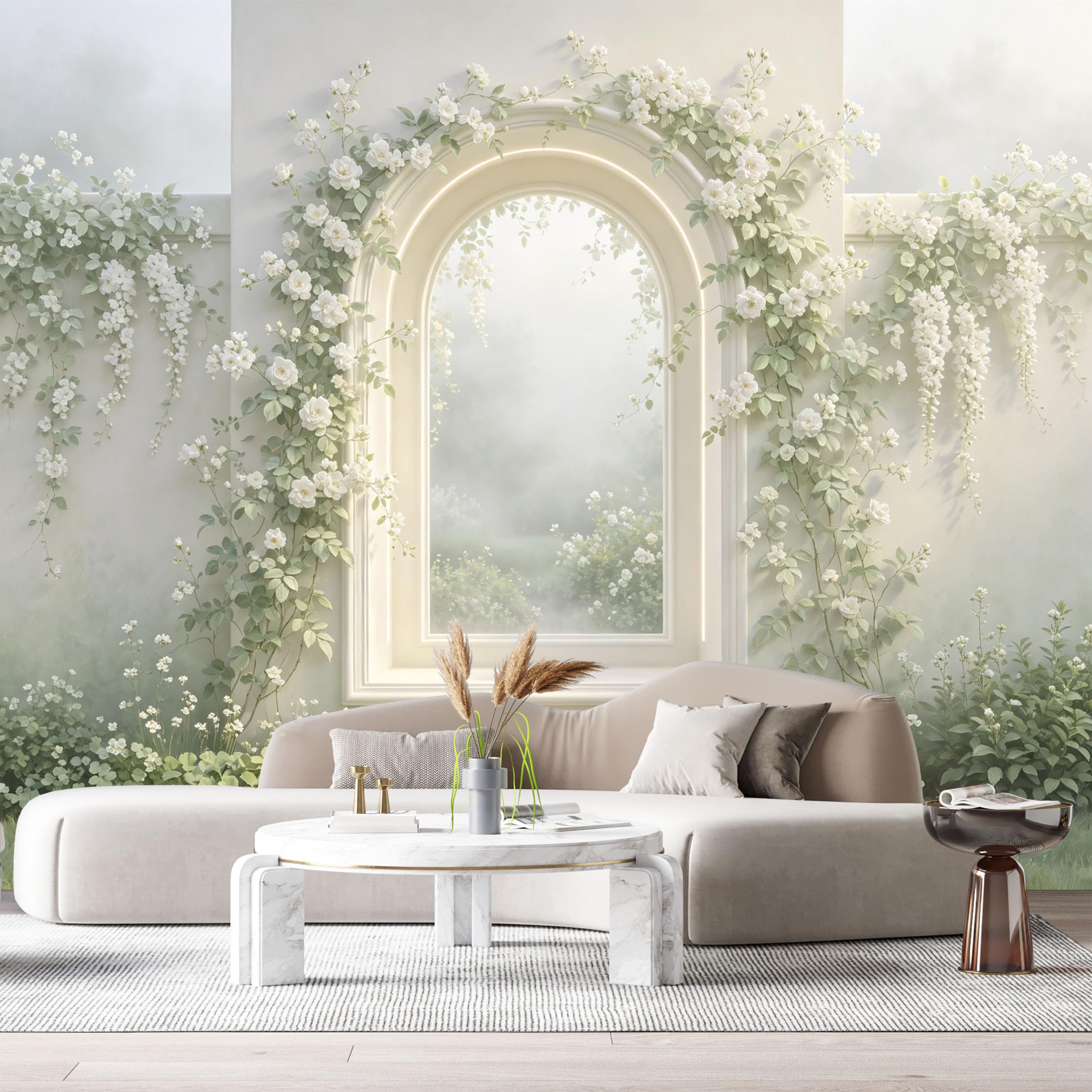 Custom Size Wall Murals Botanical White Rose Archway 3D Trompe L'Oeil SelfAdhesiveWall Fabric Removable Wallpaper Wall Decor for Living Room Bedroom Bathroom