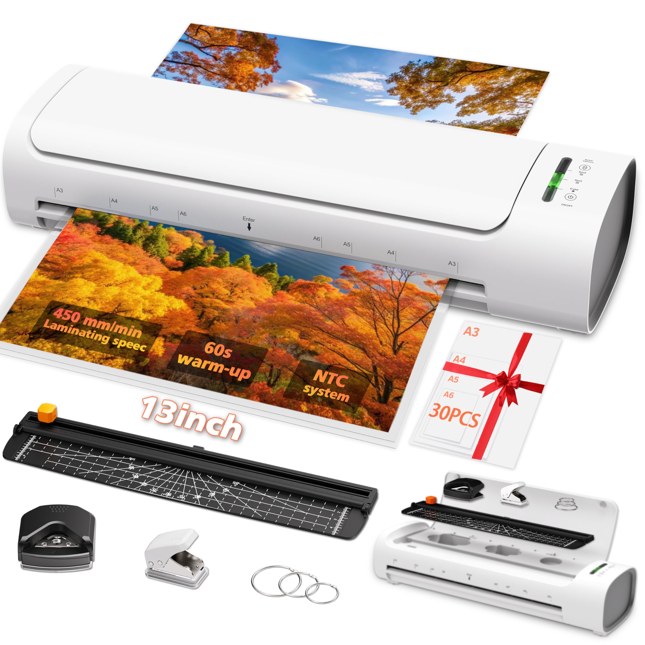 Photo 1 of 13 Inch Laminator Machine with 30 Laminating Sheets, A3 11-in-1 Hot & Cold Thermal Laminator for Teachers, 60S Fast Warm-Up, 450mm/min, Never-Jam Design Laminate for Home, Office, School -White