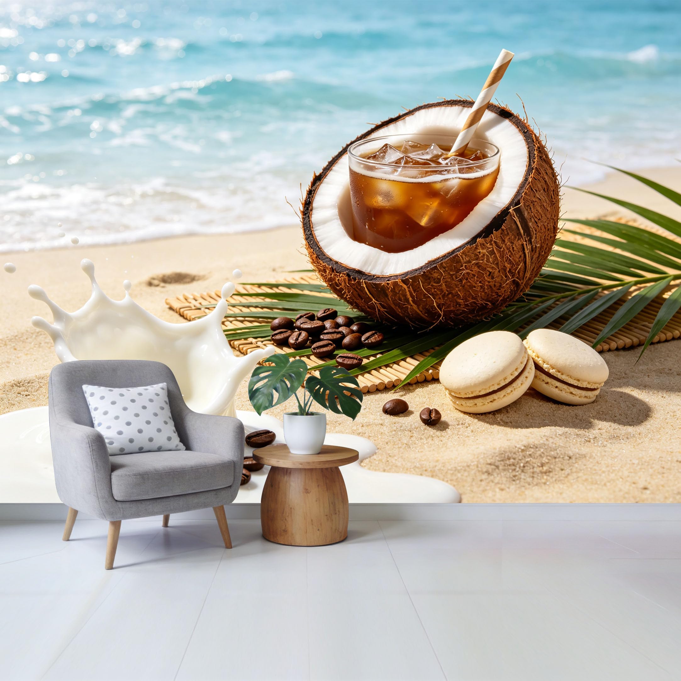 Qzlithotic Yq2605251099 Custom Size Wall Mural Tropical Iced Coconut Coffee Splash Coastal Botanical Selfadhesive Wall Fabric Removable Wallpaper For Home Office Decor