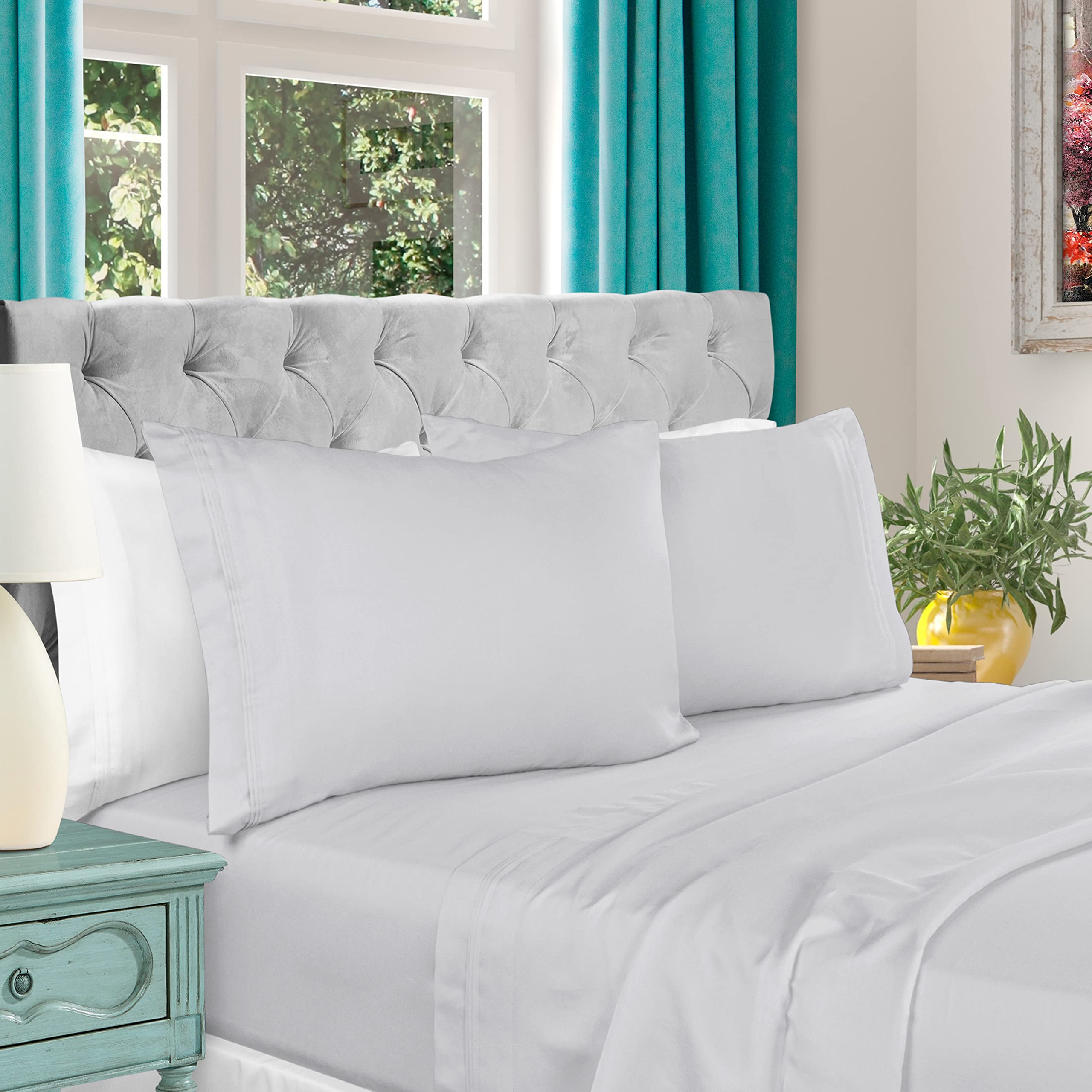 Superior4-Piece Egyptian Cotton 1000 Thread Count Sheets Set, Bedroom Decor, Includes 1 Deep Pocket Fitted Sheet, 1 Flat Sheet, 2 Pillowcases, Aesthetic Bedding Essentials, King, Platinum