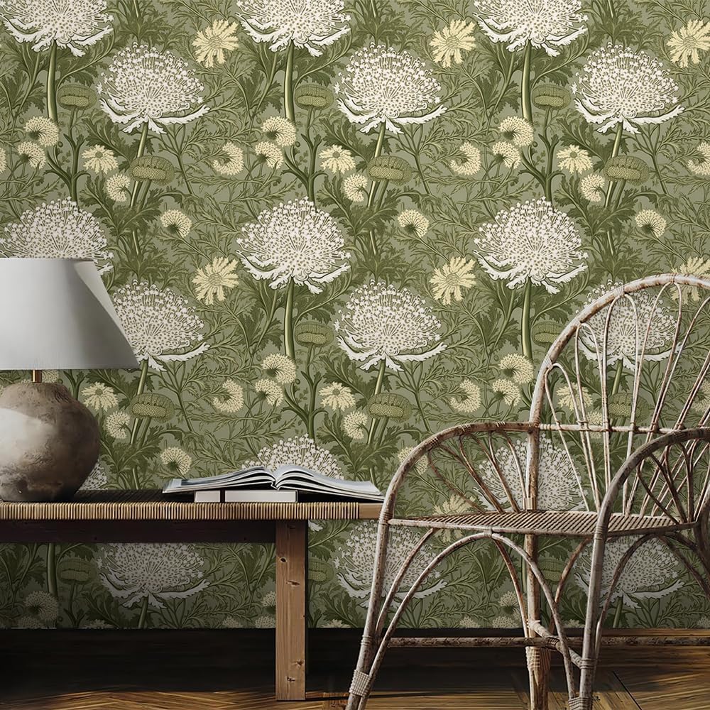REDAMANCY Boho Abstract Olive White Flower Retro Peel and Stick Wallpaper Vintage Wall Paper Stick on Contact Paper Easy Peel Off for nightstand Drawer Renter Friendly 17.7"x236"