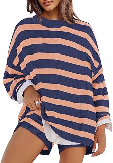 Womens Striped Sweater Set Oversized Lounge Sets Matching Pajamas Long Sleeve Sweater Top and Shorts