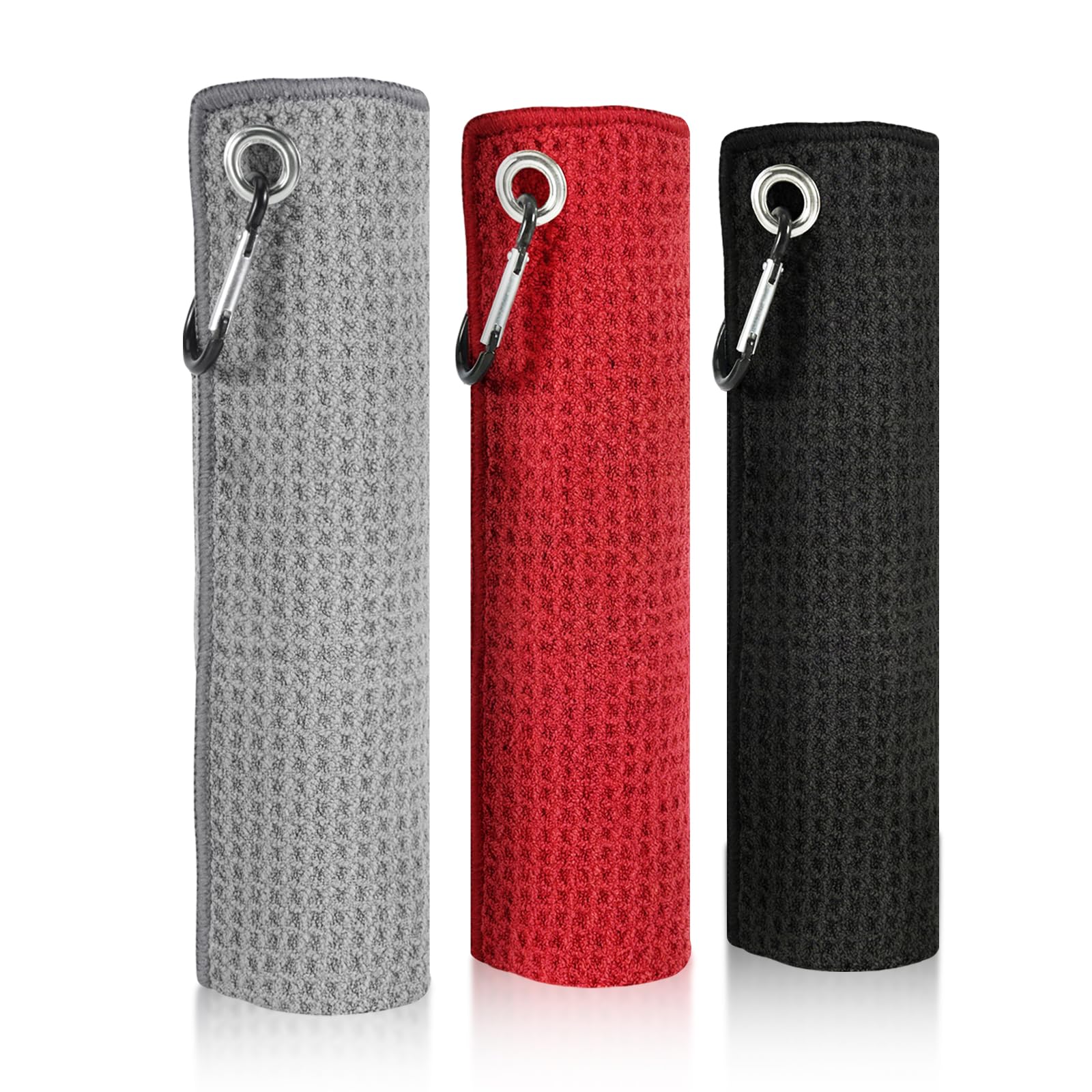 WUISOLQP Golf Towels 3 Pack, 40x40cm Microfiber Golf Bag Towel with Carabiner Clip, Absorbent Golf Towel Set for Golf Club Bag, Golf Accessories Gifts for Men Women Golfers, Black/Grey/Red