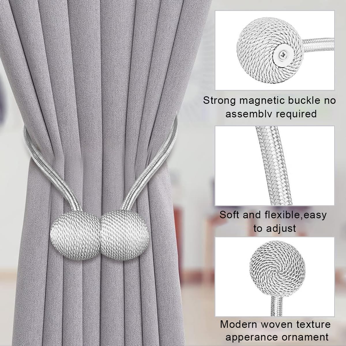 HASTHIP Curtain Tieback Clips 4 Pcs Rope Holdbacks Grey Home Decor — Amazon image 7